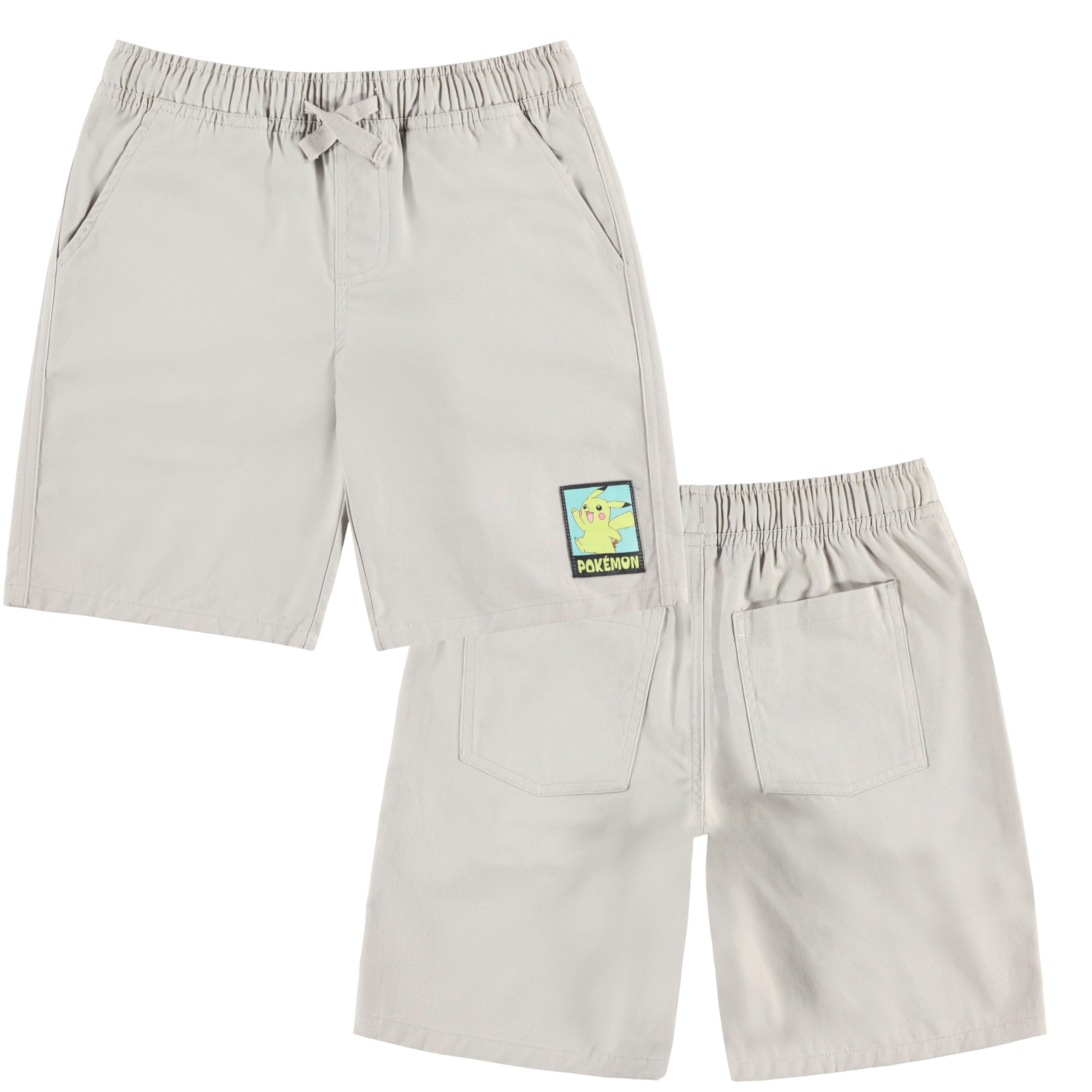 Boys’ Pokémon Pikachu Casual Woven Khaki Pull-On Shorts with Pockets, Sizes XS–M
