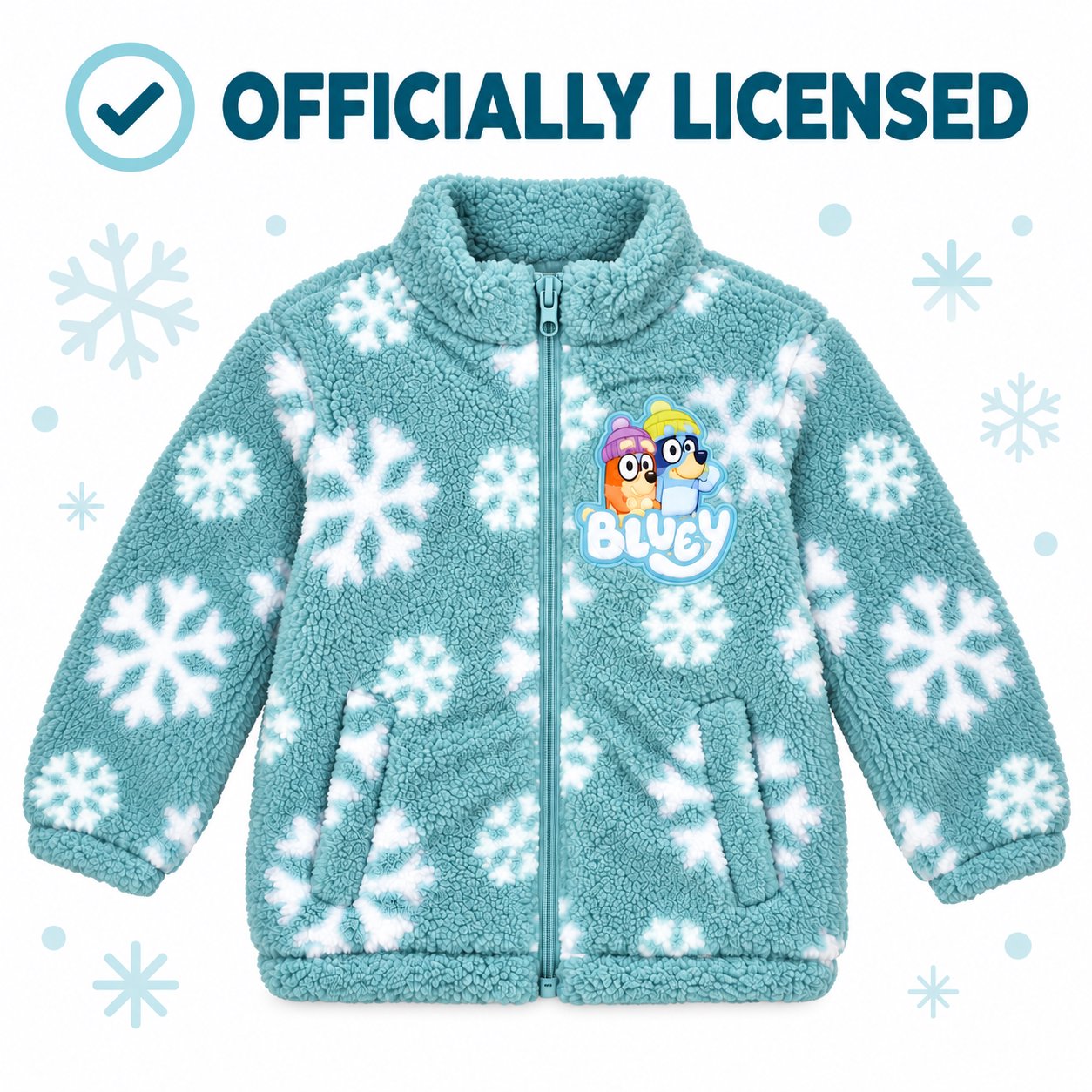 Bluey Toddler Sherpa Full-Zip Jacket, Snowflake Print, Light Aqua