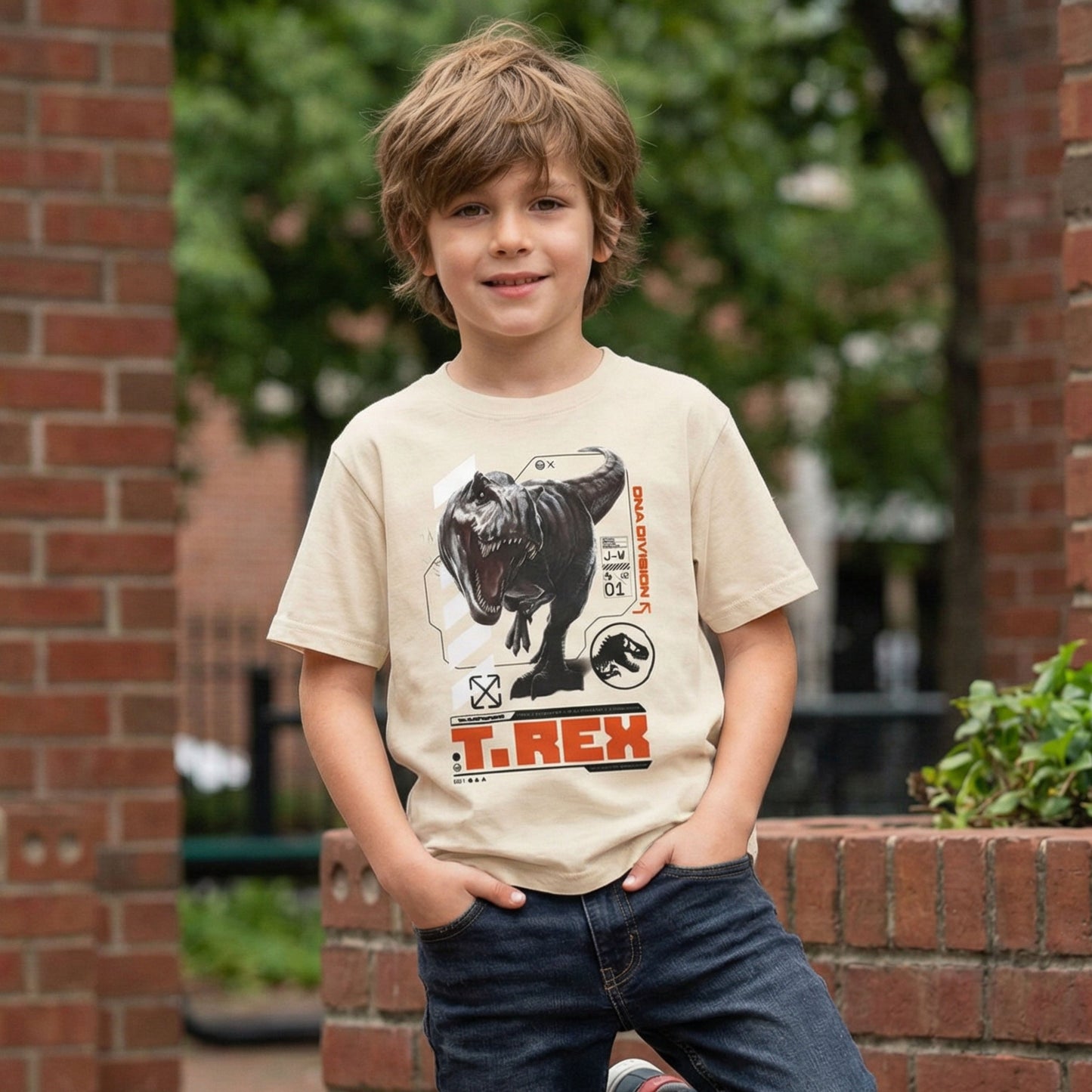 Jurassic World Boys Split Vertical Short Sleeve Tyrannosaurus Rex Dinosaur T-Shirt, Boys Sizes 8-16 (10/12, Black)