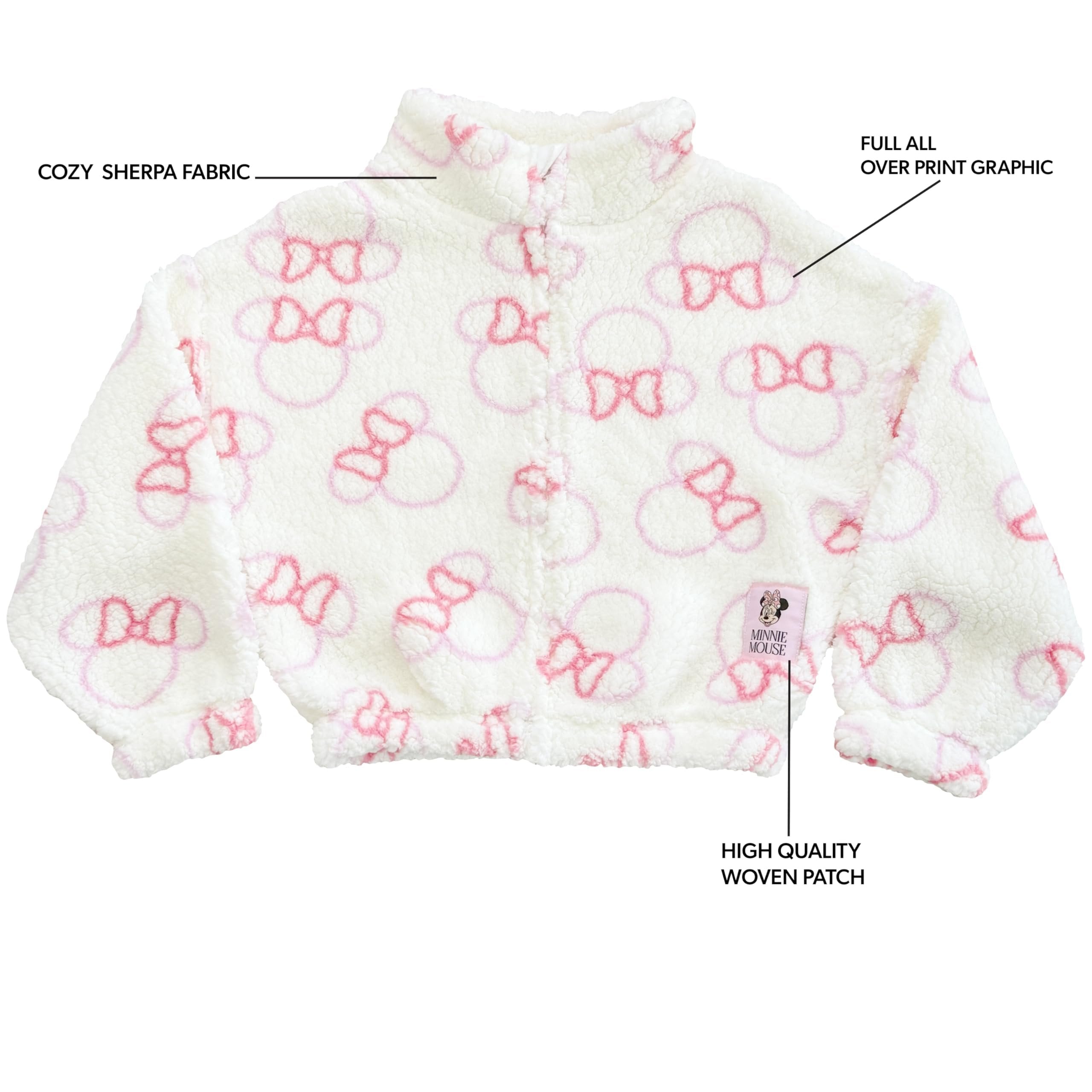 Disney Minnie Mouse Girls Sherpa Coat Jacket, Fleece Mock Neck Full Zip Coat for Little Girls 4-6X