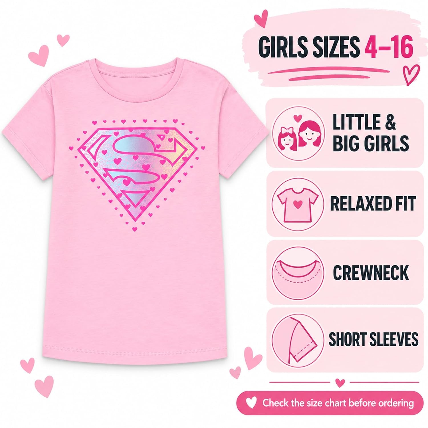 Supergirl Girls Pink Heart Logo Graphic T-Shirt, Short Sleeve, Sizes 4-16