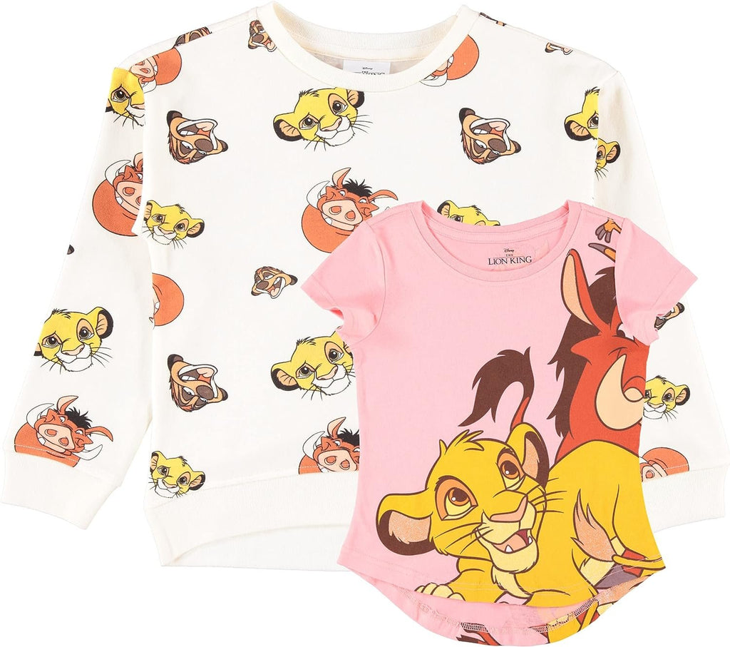 Disney girls Minnie Mouse, Lion King Girls Fleece Sweatshirt and T-shirt 2 Piece Bundle Outfit Set