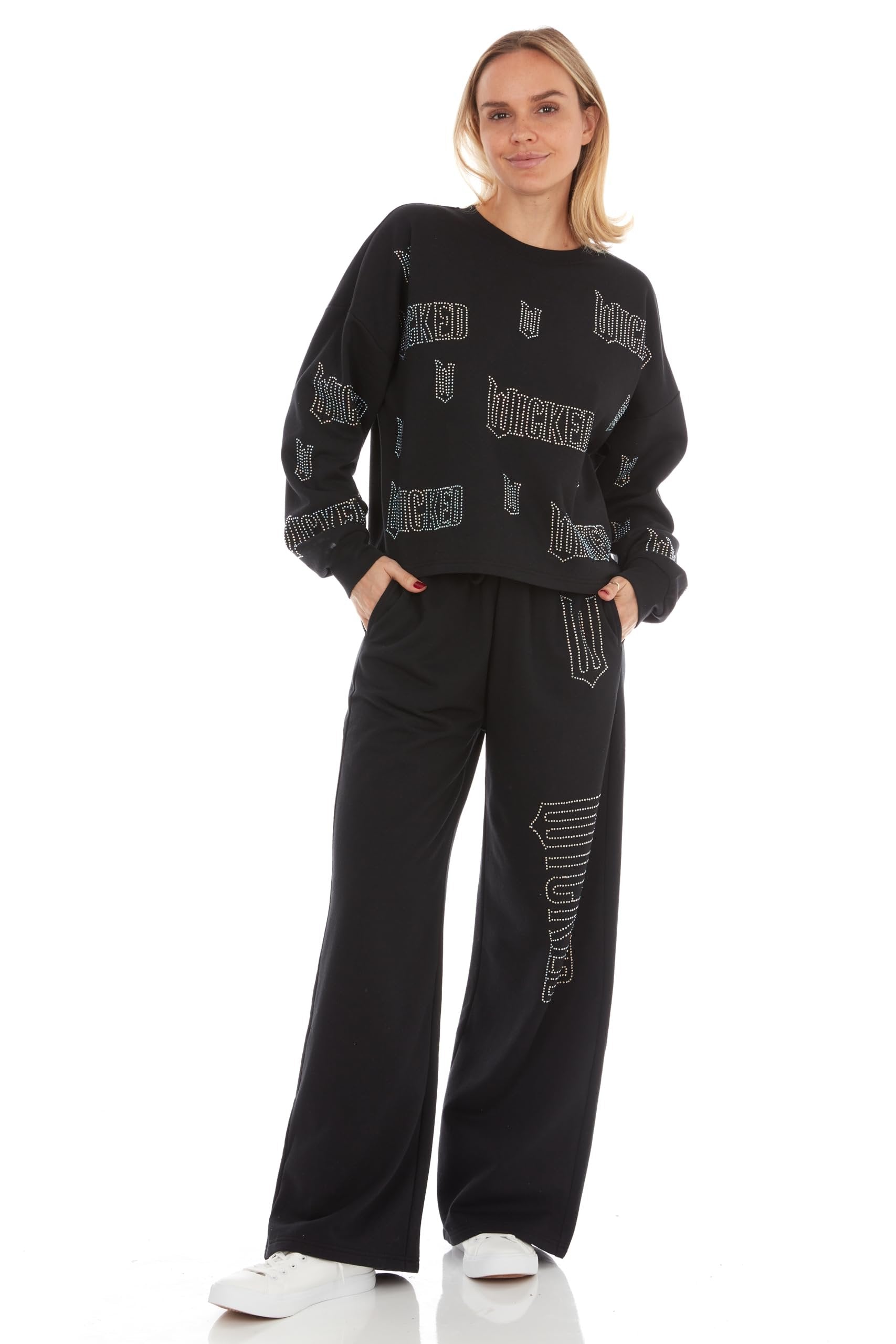 Wicked womens Wicked Women’s, Ladies & Juniors Black 2-piece Cropped Sweatshirt & Wide-leg Jogger Set With Iridescent RhinestonesSweatshirt & Pant Set