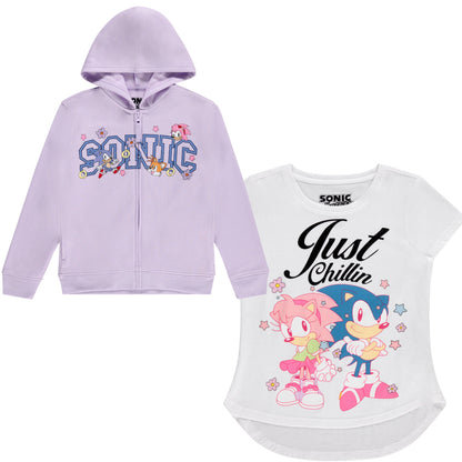 Girls Sonic The Hedgehog Zip Up Hoodie and Short Sleeve T-Shirt Clothing Set -Girls Sizes 4-16
