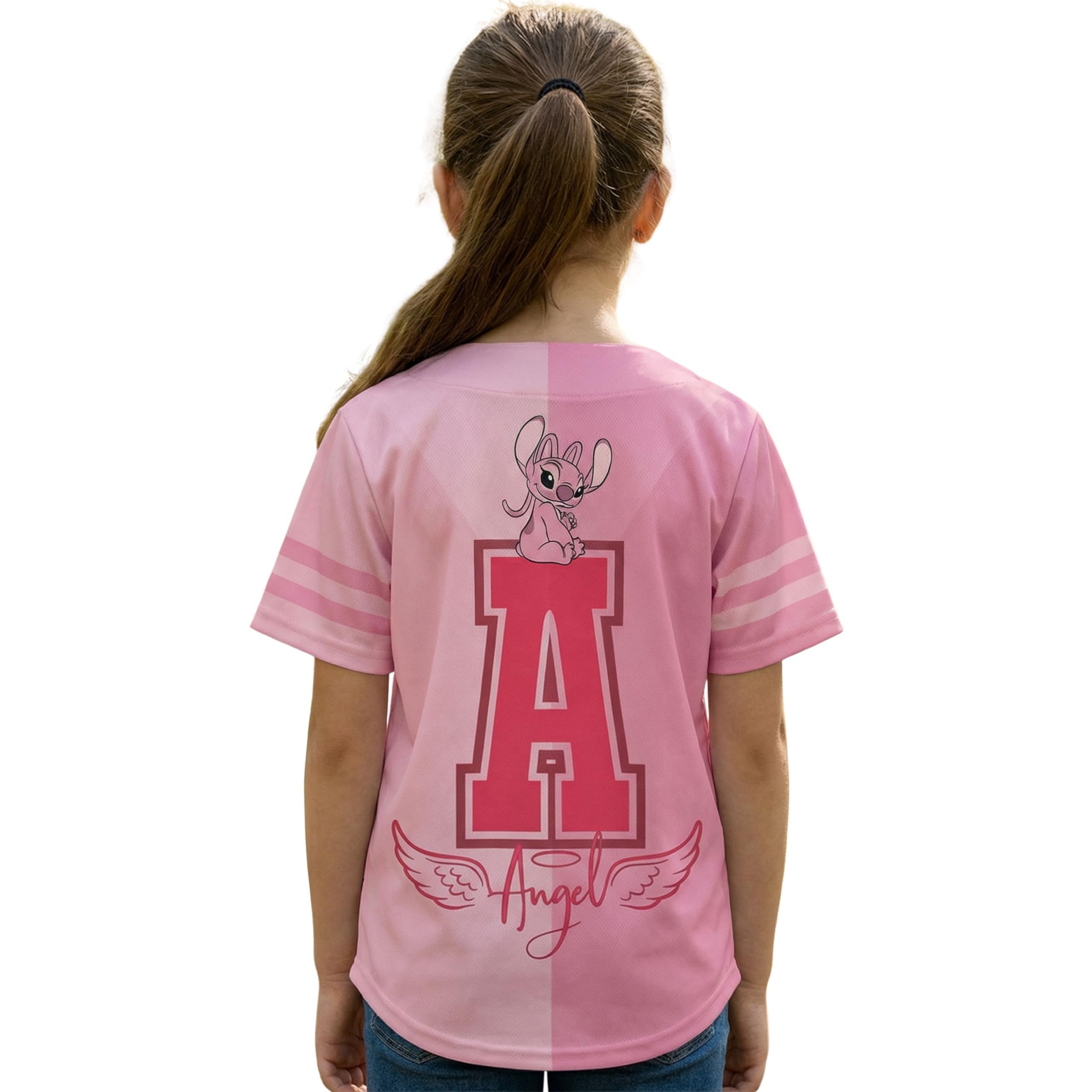 Disney Girls Baseball Jersey T-Shirt with Lilo & Stitch and Mickey Mouse- Girls Sizes 4-16 Hot Pink