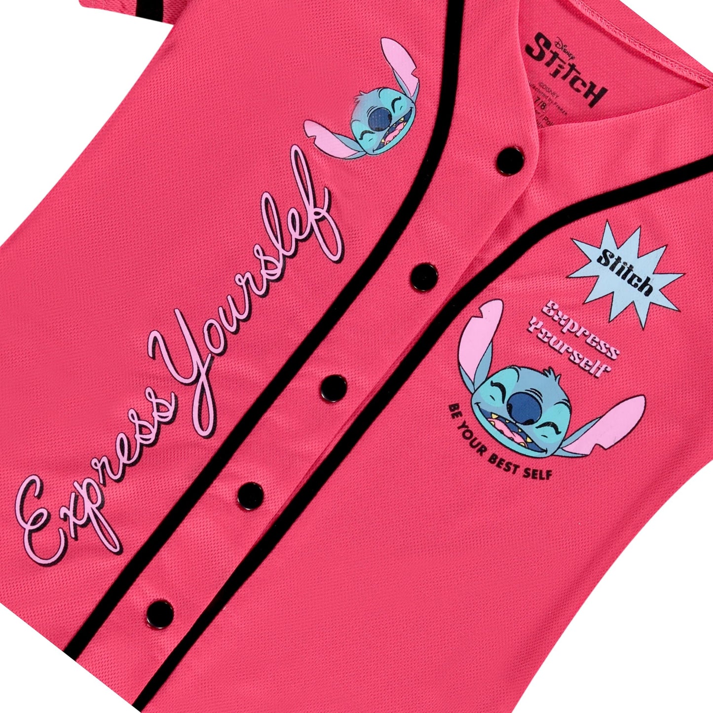 Disney Girls Baseball Jersey T-Shirt with Lilo & Stitch and Mickey Mouse- Girls Sizes 4-16 Hot Pink