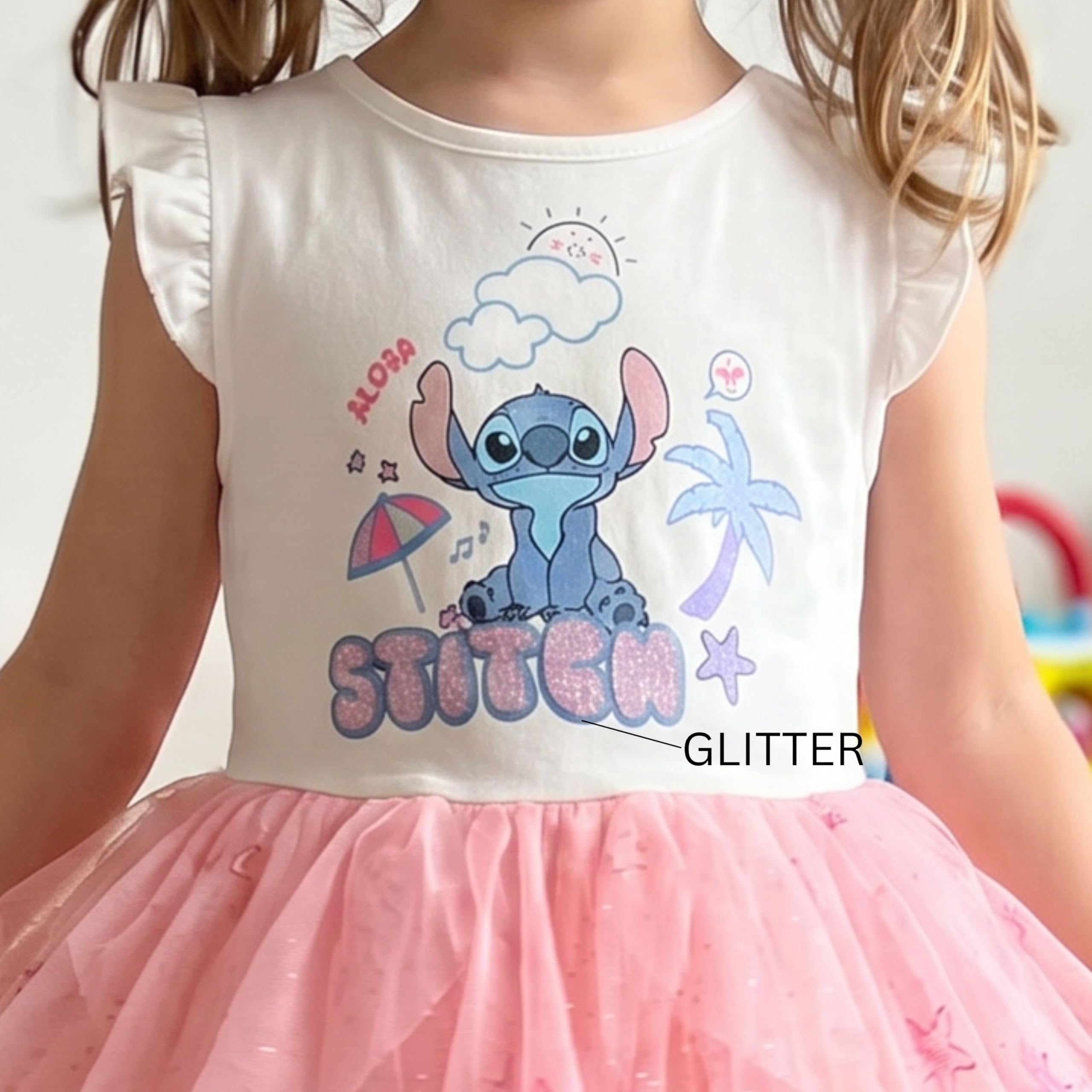 Disney Lilo & Stitch Girls Tulle Dress, Ruffle Sleeve Stitch Dress with Glitter Skirt, Little Girls Sizes 4-6X