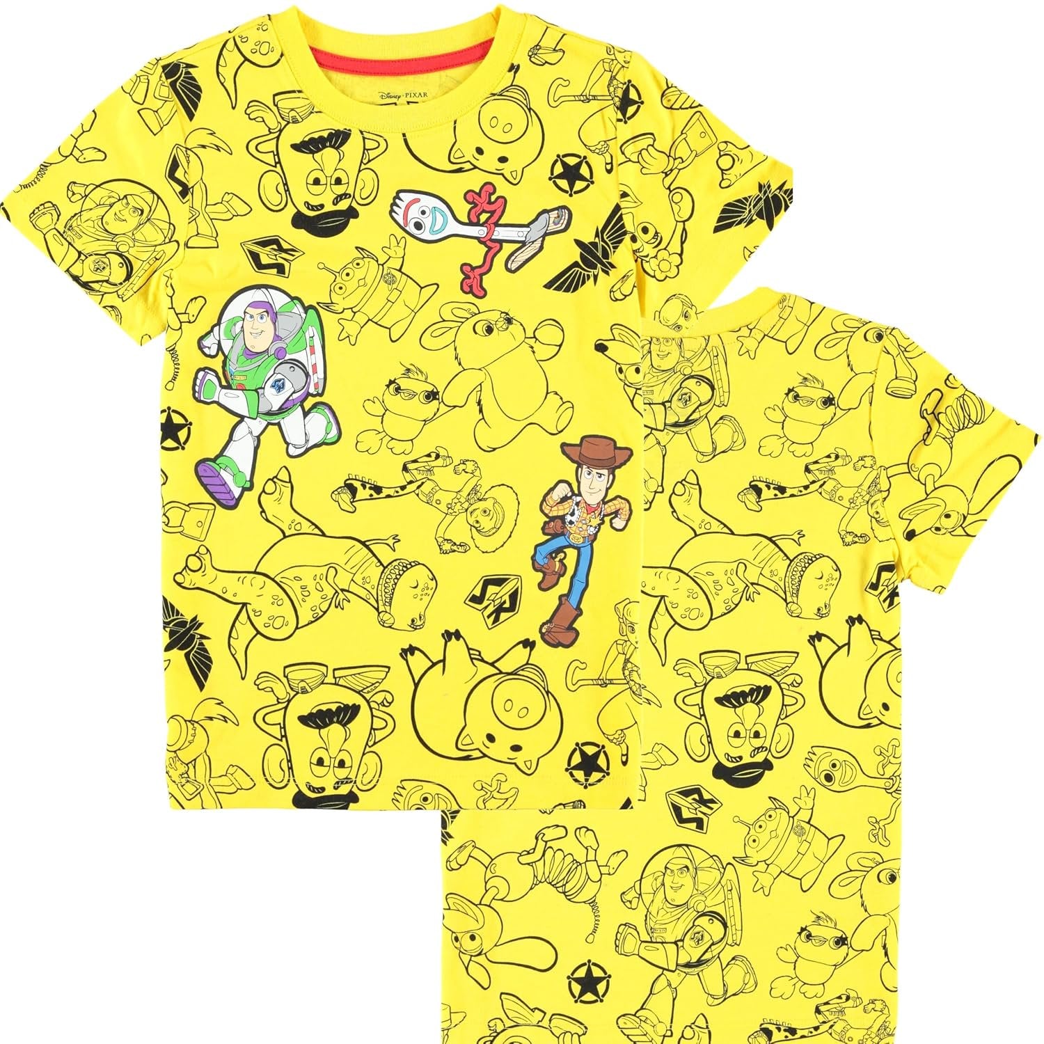 Disney Toy Story Boys Short Sleeve T-Shirt - All Over Print T-Shirt - Woody, Buzz, Forky, Jessie, Rex and Aliens