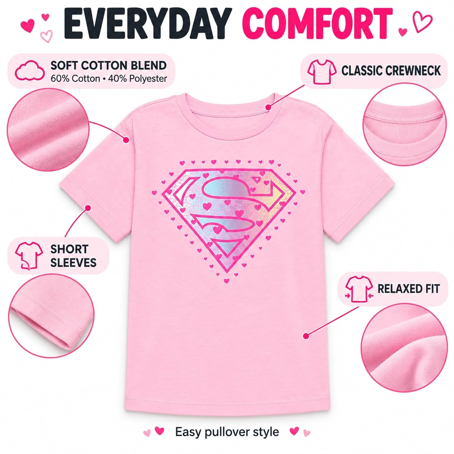 Supergirl Girls Pink Heart Logo Graphic T-Shirt, Short Sleeve, Sizes 4-16