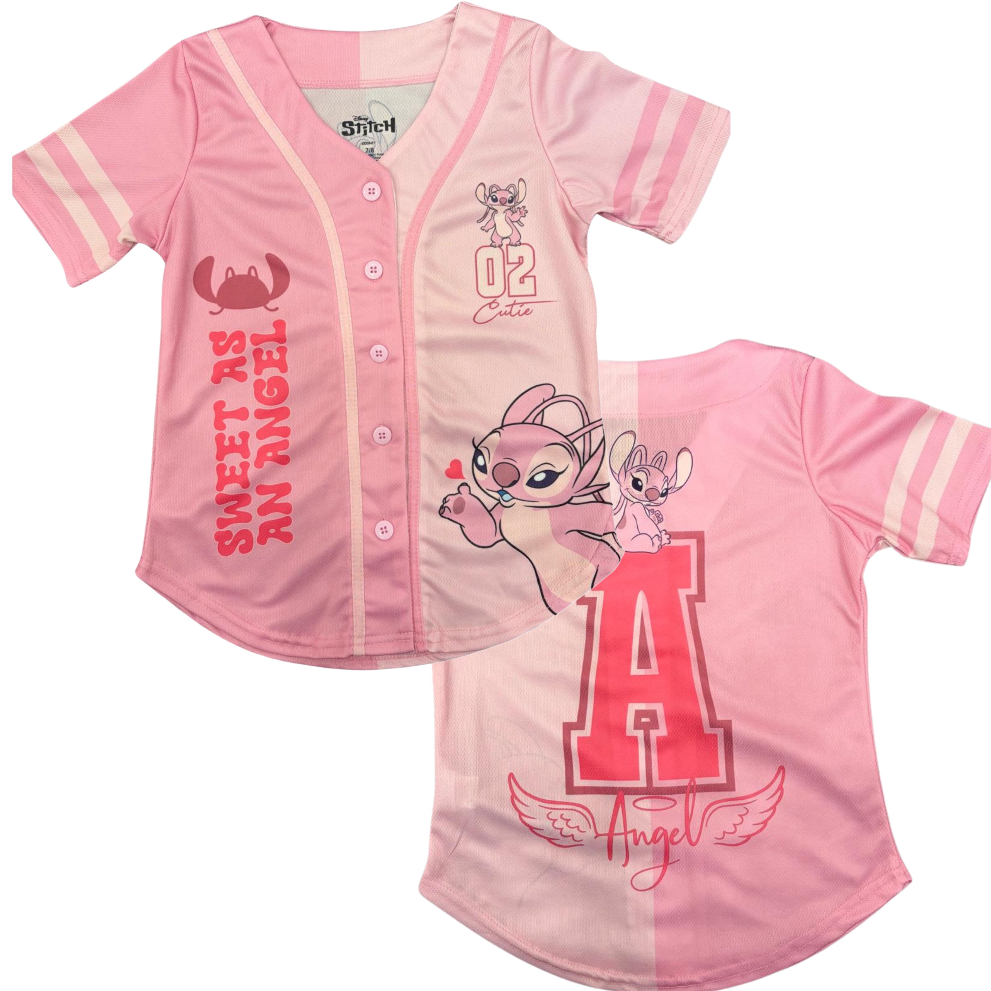 Disney Girls Baseball Jersey T-Shirt with Lilo & Stitch and Mickey Mouse- Girls Sizes 4-16 Hot Pink