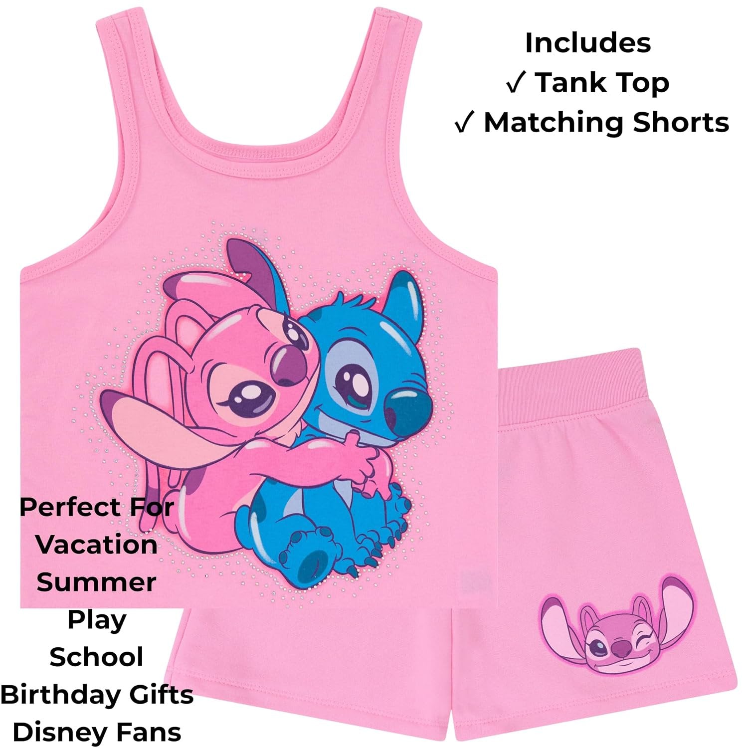 Disney Lilo & Stitch Girls 2 Piece Tank Top and Shorts Set – Gradient Rhinestone Graphic Summer Outfit