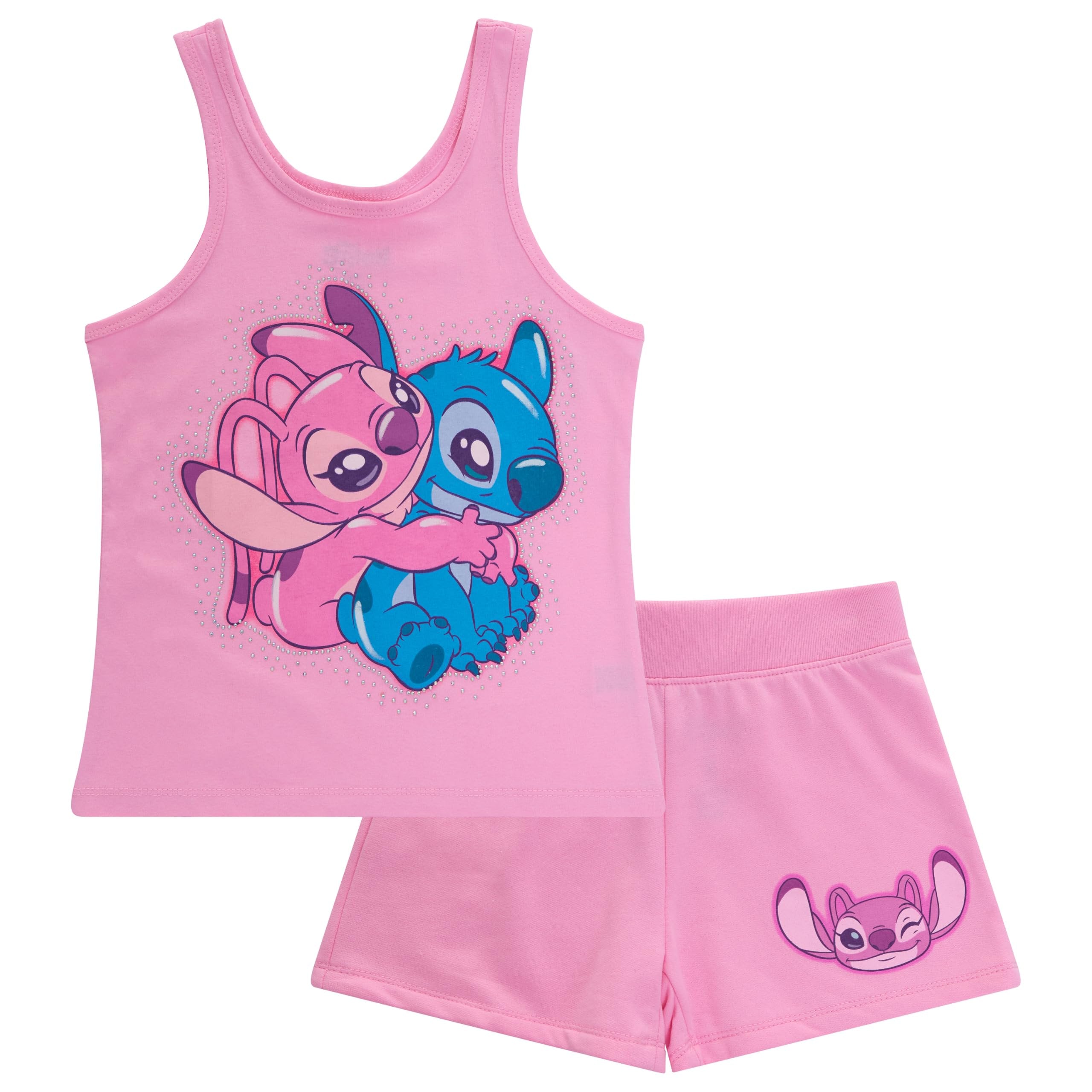 Disney Lilo & Stitch Girls 2 Piece Tank Top and Shorts Set – Gradient Rhinestone Graphic Summer Outfit