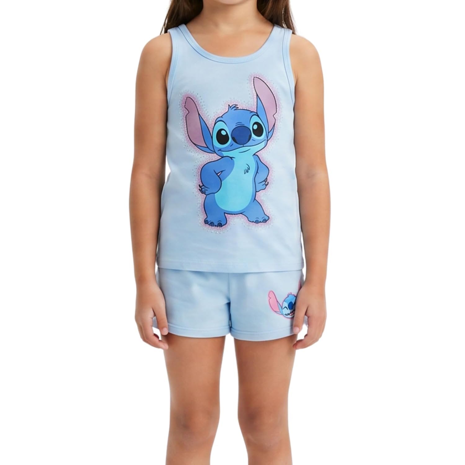 Disney Lilo & Stitch Girls 2 Piece Tank Top and Shorts Set – Gradient Rhinestone Graphic Summer Outfit