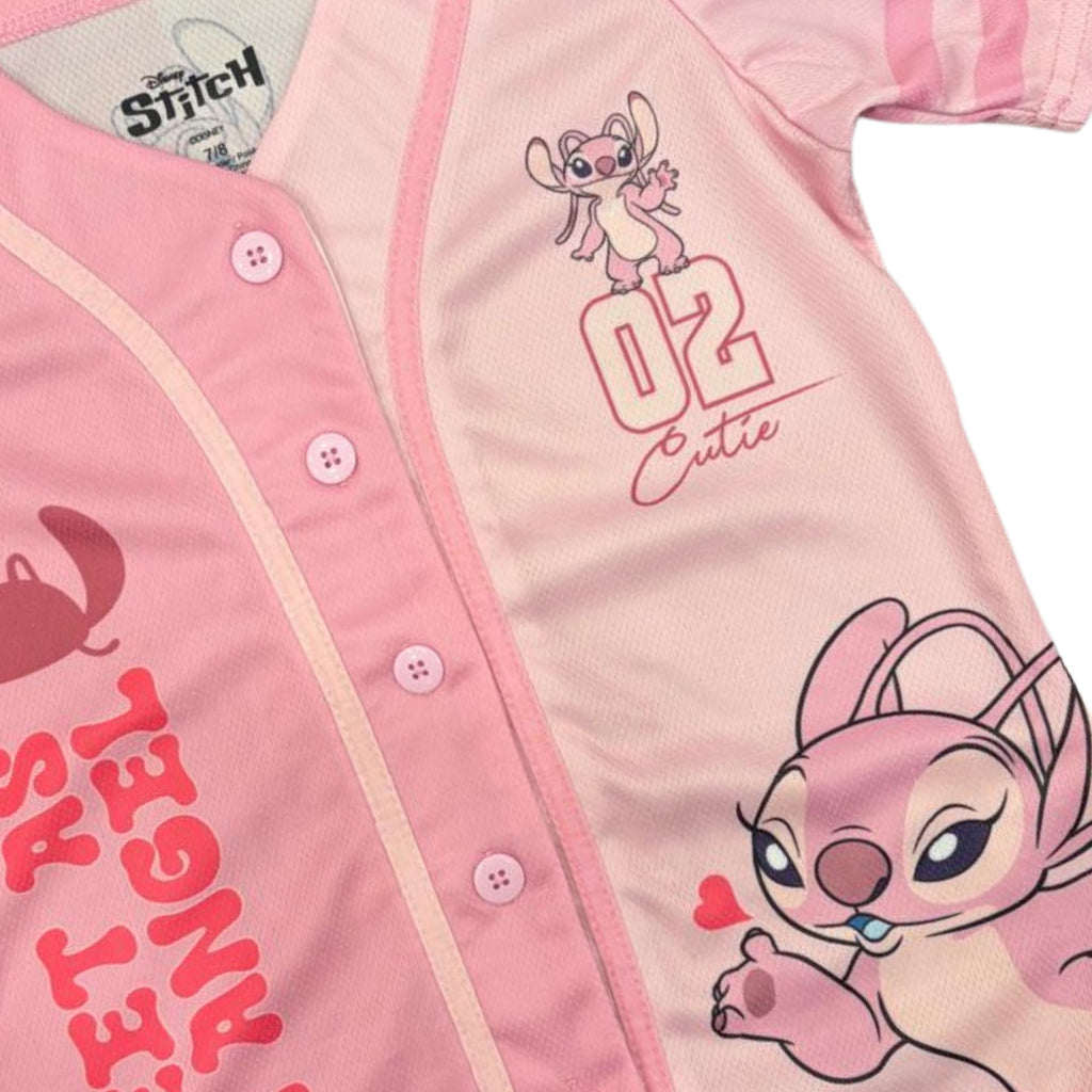 Disney Girls Baseball Jersey T-Shirt with Lilo & Stitch and Mickey Mouse- Girls Sizes 4-16 Hot Pink