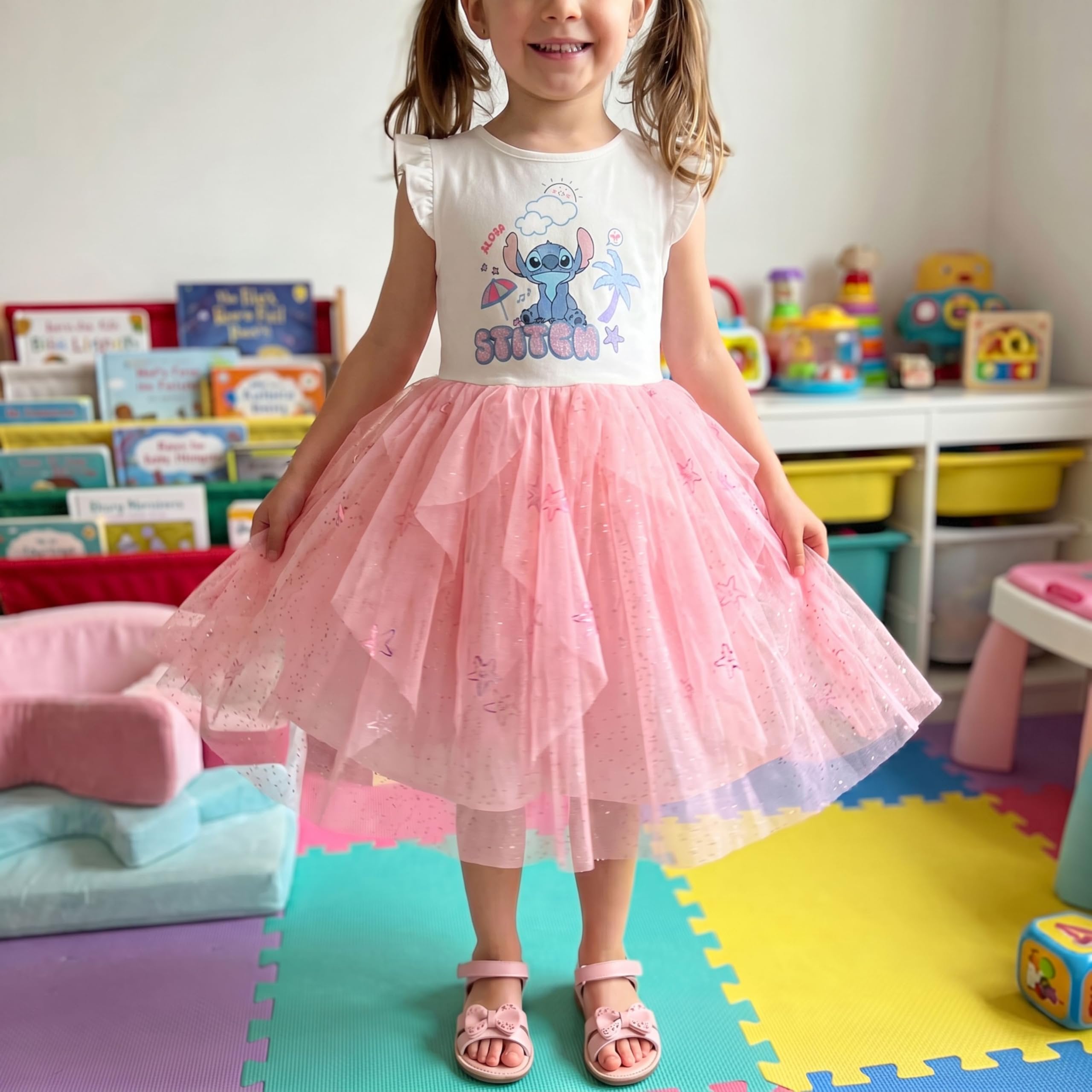 Disney Lilo & Stitch Girls Tulle Dress, Ruffle Sleeve Stitch Dress with Glitter Skirt, Little Girls Sizes 4-6X