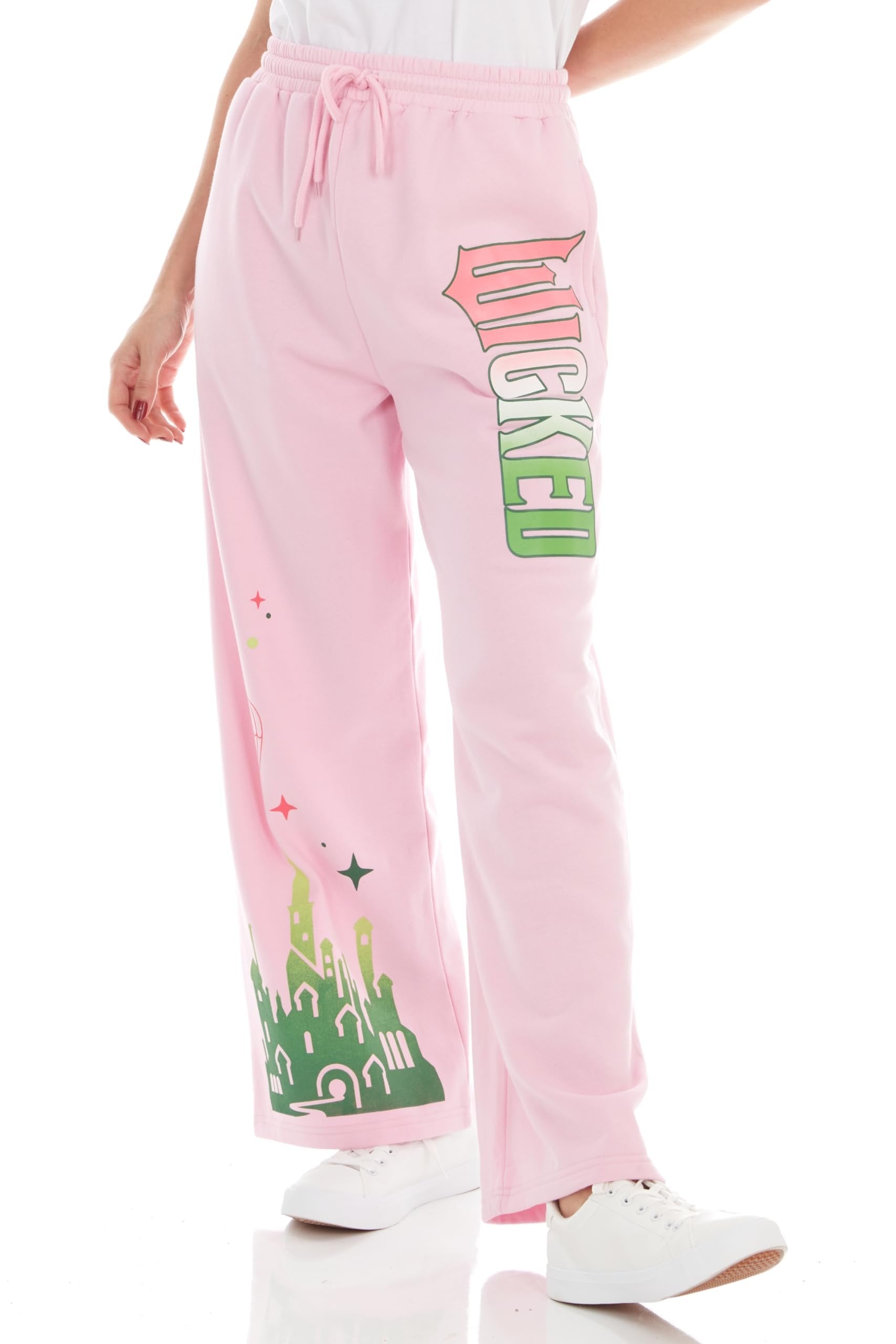Wicked Womens Wicked Glinda & Elphaba Women’s, Ladies & Juniors Pink Wide-Leg Jogger Fleece Pant