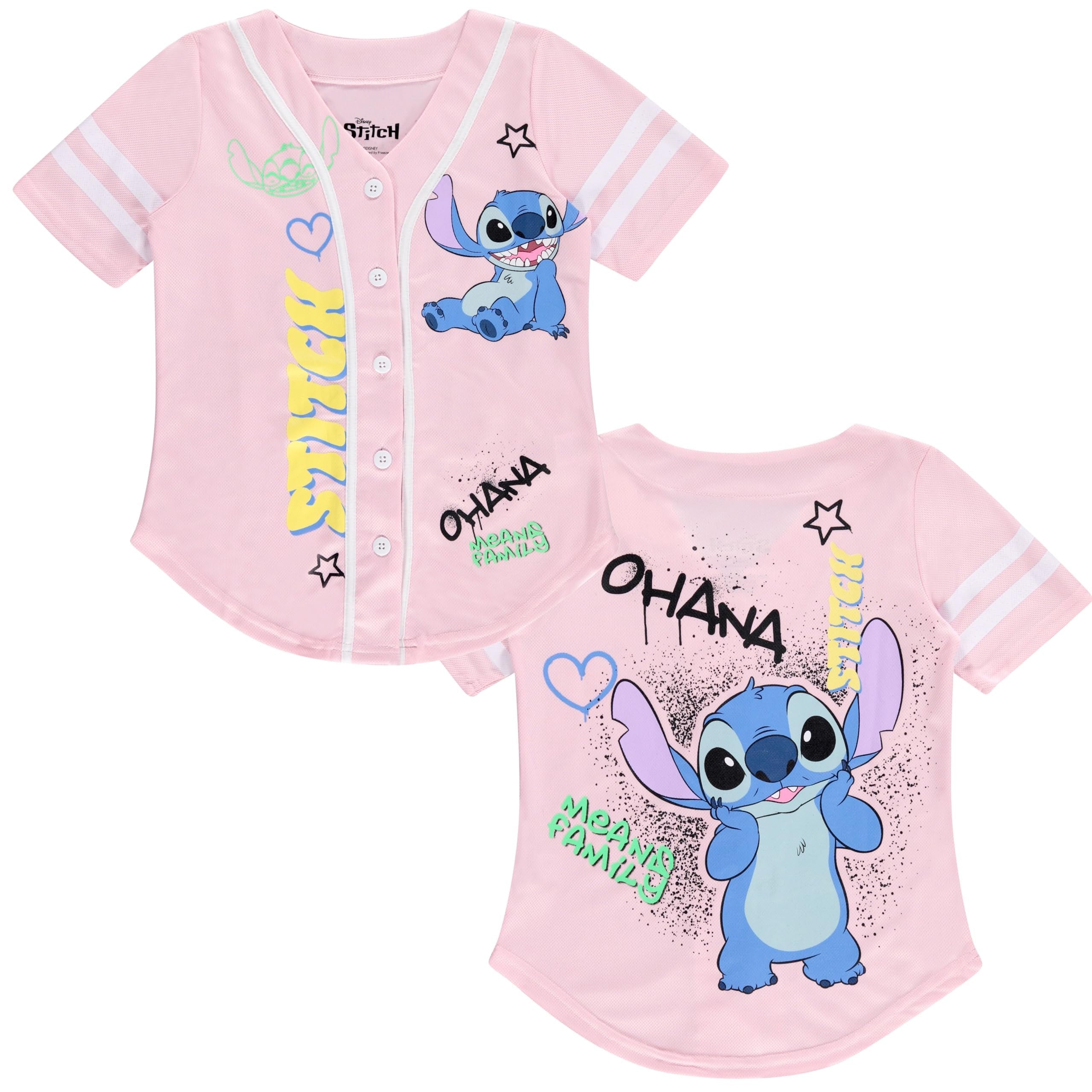 Disney Girls Baseball Jersey T-Shirt with Lilo & Stitch and Mickey Mouse- Girls Sizes 4-16 Hot Pink