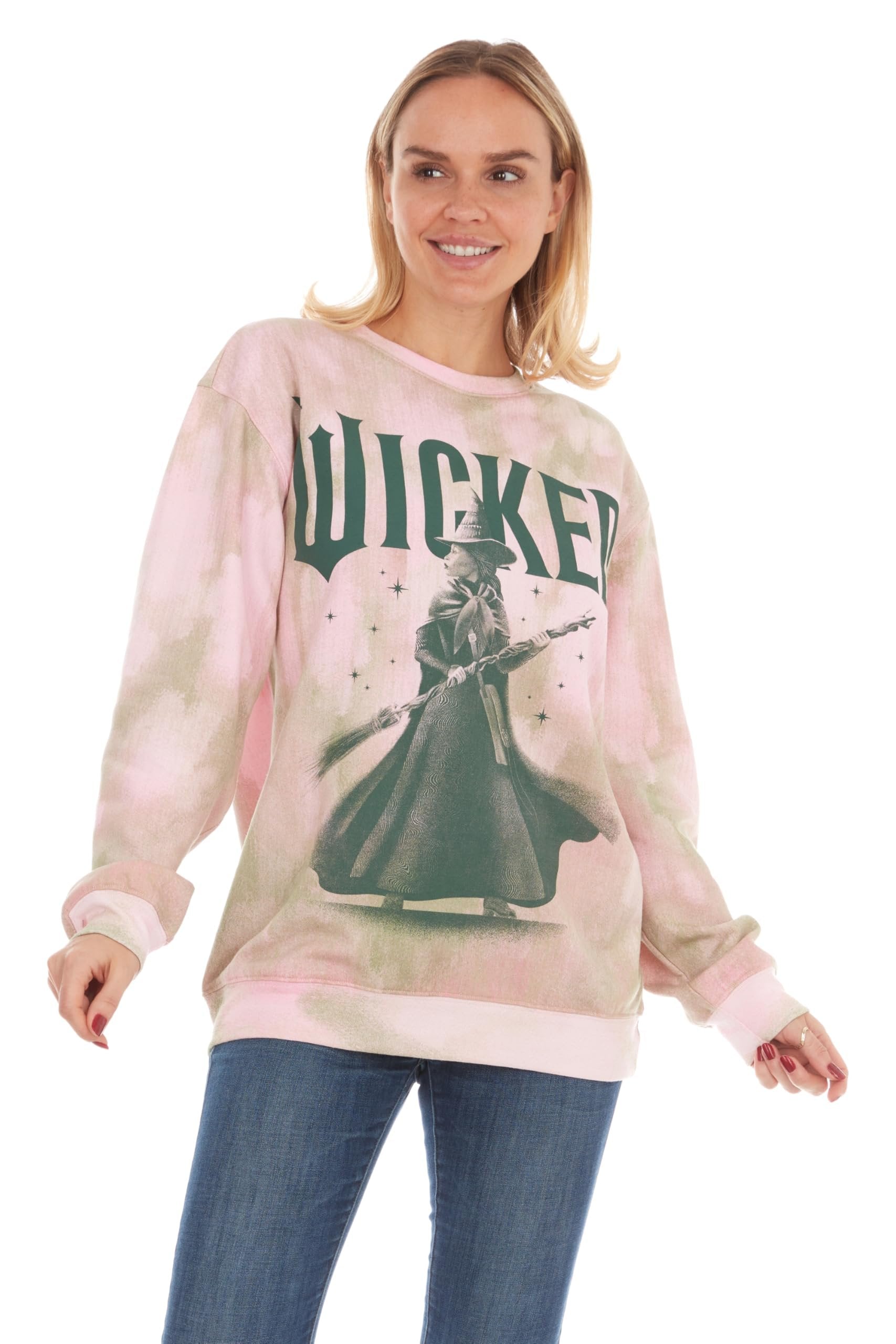 Wicked womens Wicked Elphaba Women’s, Ladies & Juniors Printed Wash Crewneck Sweatshirt