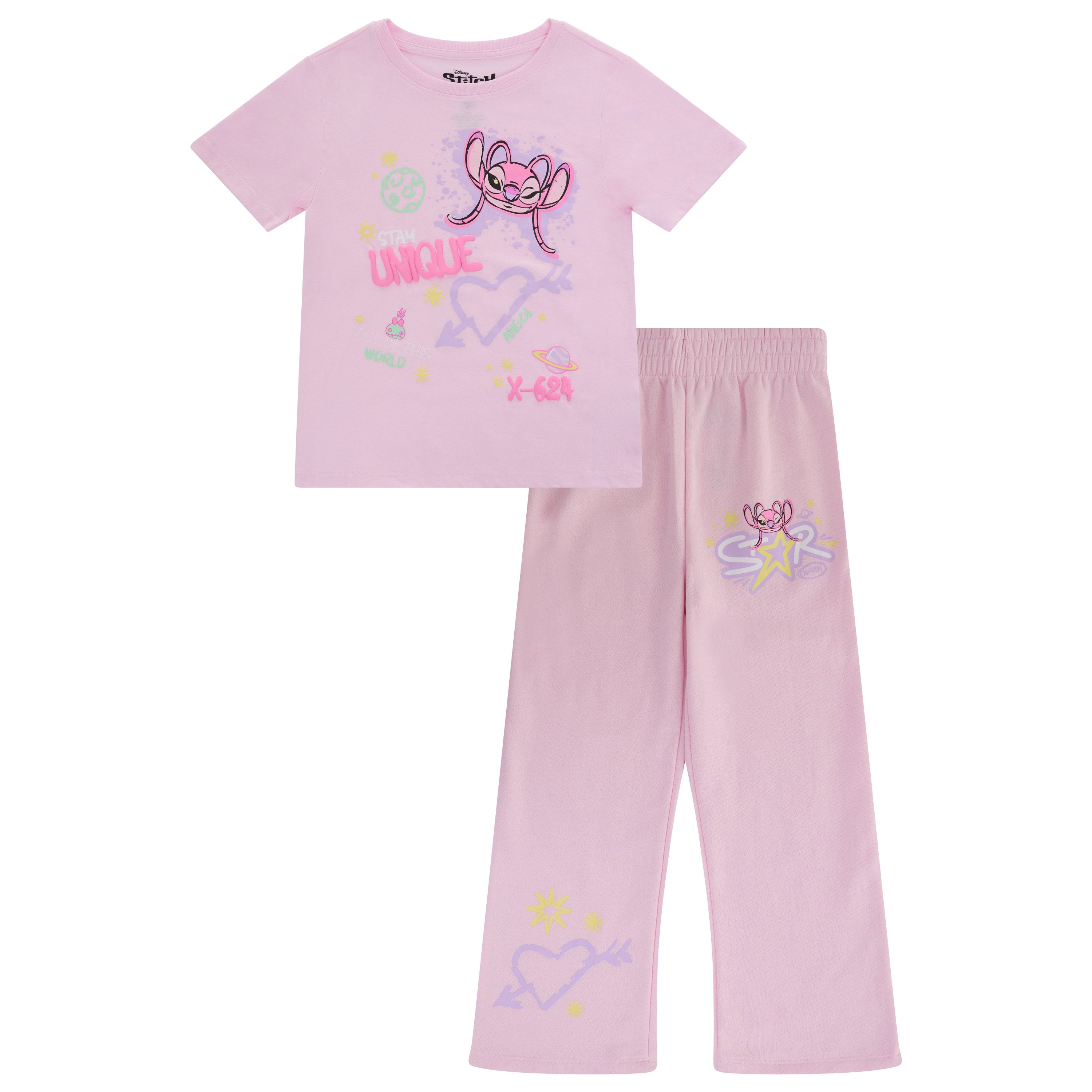 Disney Lilo & Stitch Girls 2 Piece Outfit Set – Graphic T-Shirt with Jogger or Wide Leg Pants - Sizes 4-16