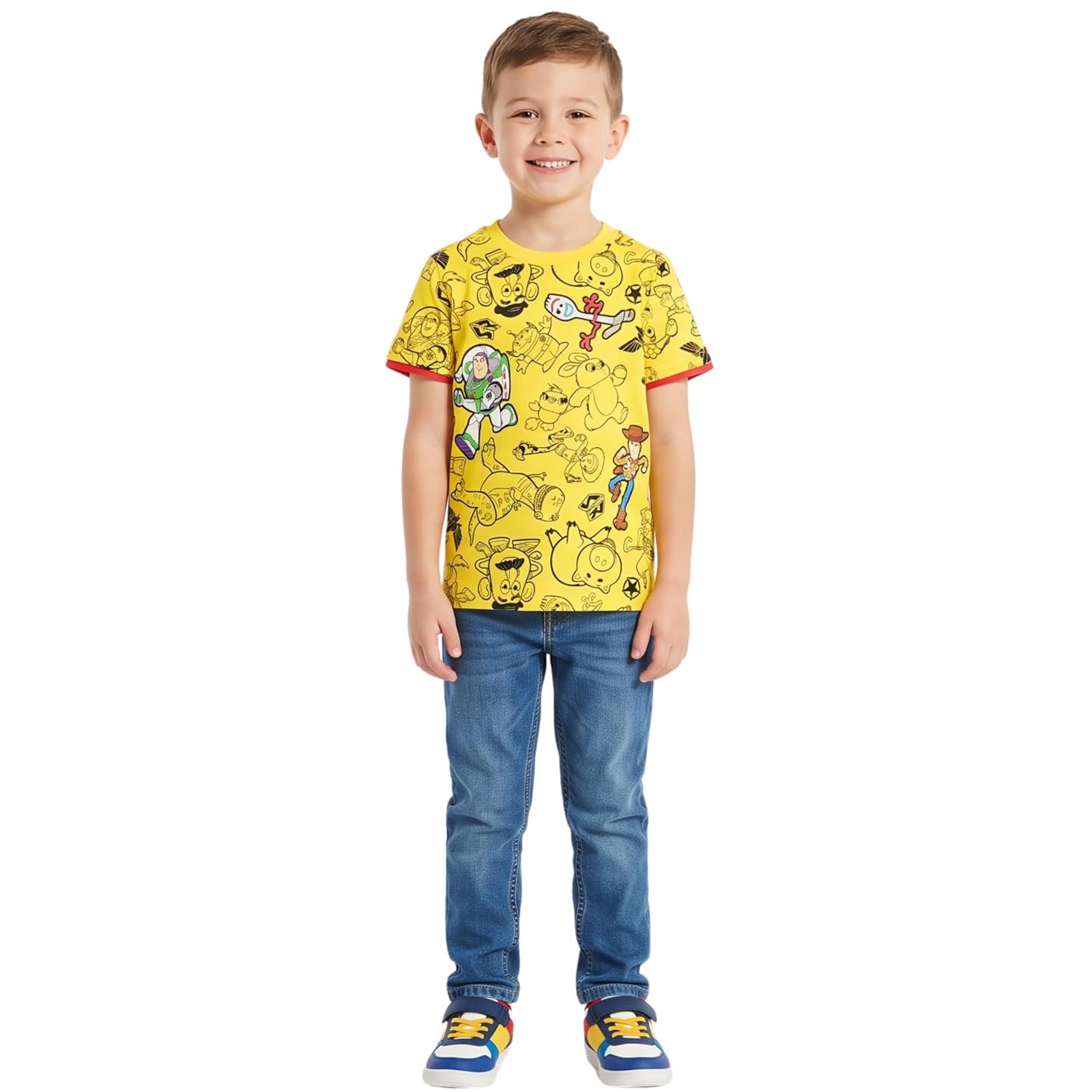 Disney Toy Story Boys Short Sleeve T-Shirt - All Over Print T-Shirt - Woody, Buzz, Forky, Jessie, Rex and Aliens