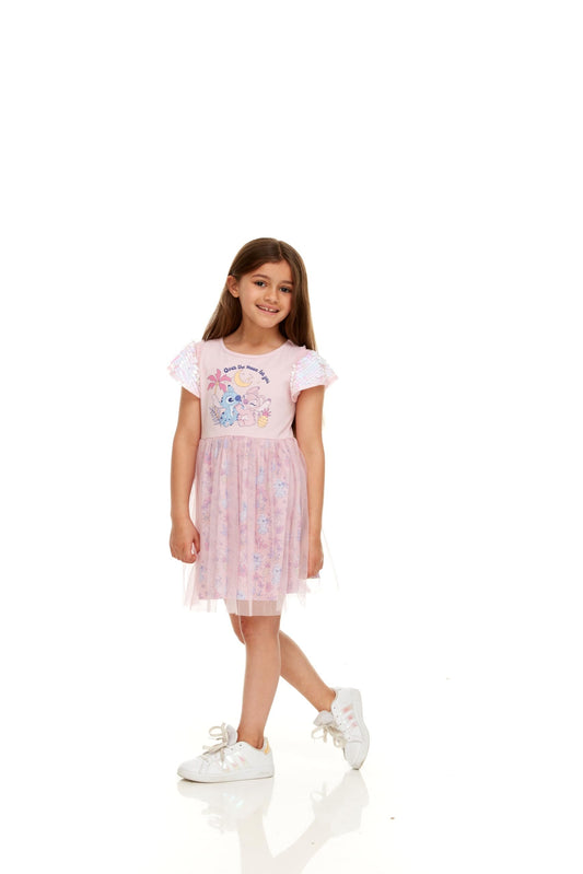 Disney Stitch & Angel Sequin Sleeve Tulle Dress-Girls Sizes 2-6x