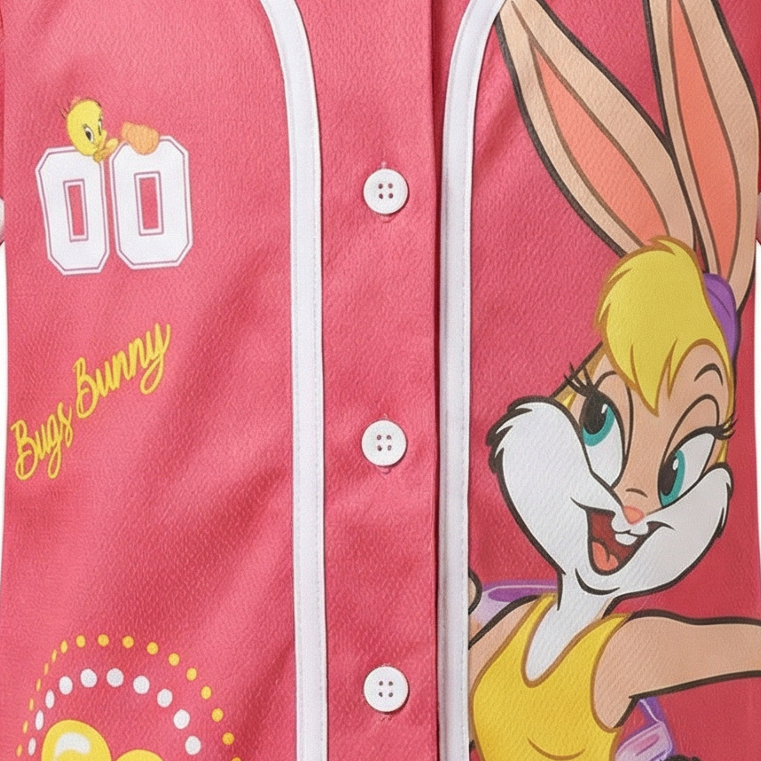 Looney Tunes Lola Bunny Girls Baseball Jersey, Short Sleeve Button-Up Graphic Shirt, Pink, Sizes 4–16
