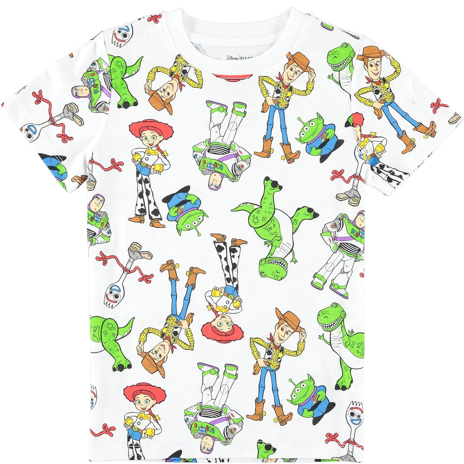 Disney Toy Story Boys Short Sleeve T-Shirt - All Over Print T-Shirt - Woody, Buzz, Forky, Jessie, Rex and Aliens
