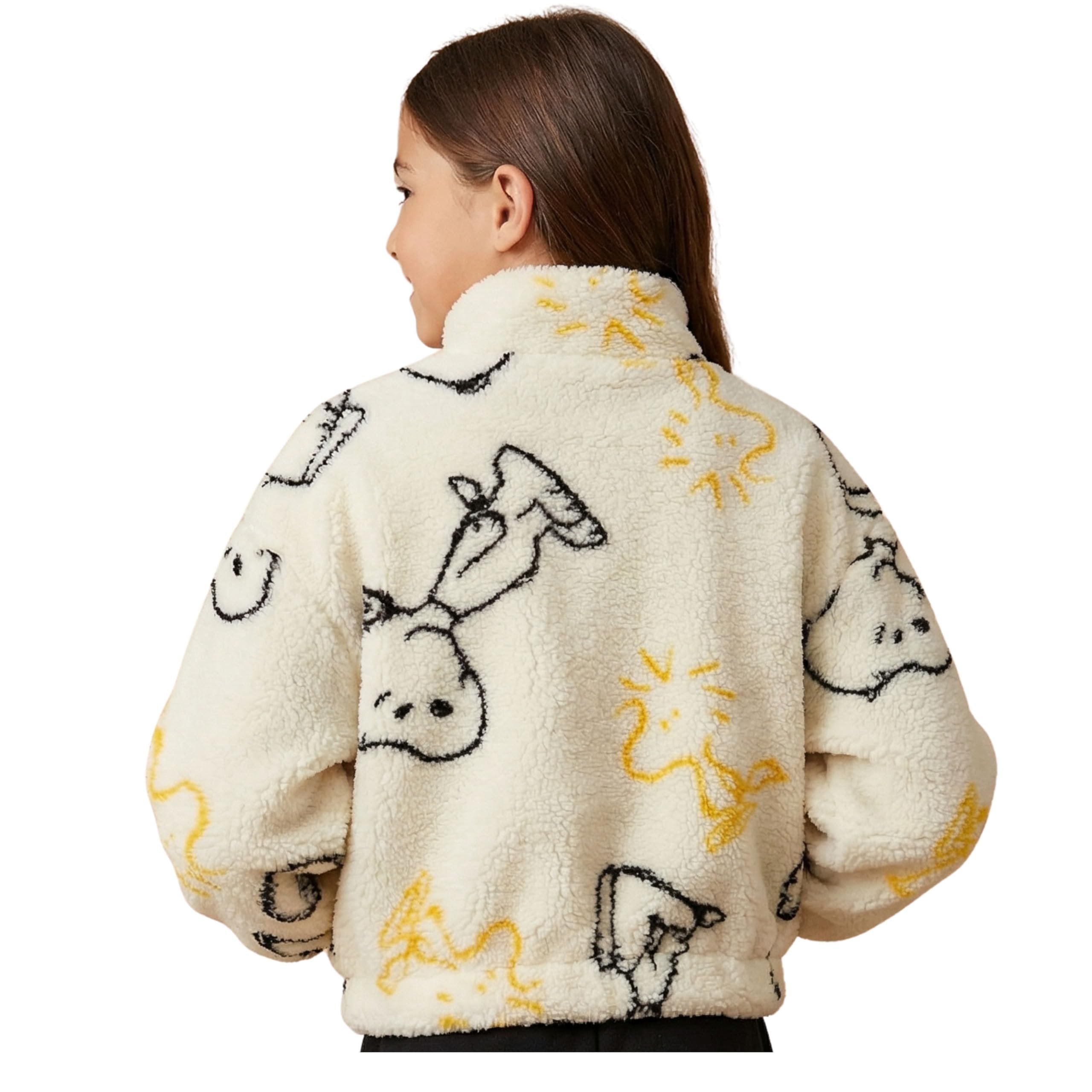 Peanuts Snoopy Sherpa Coat Jacket, Fleece Mock Neck Full Zip Coat for Little and Big Girls 4-10