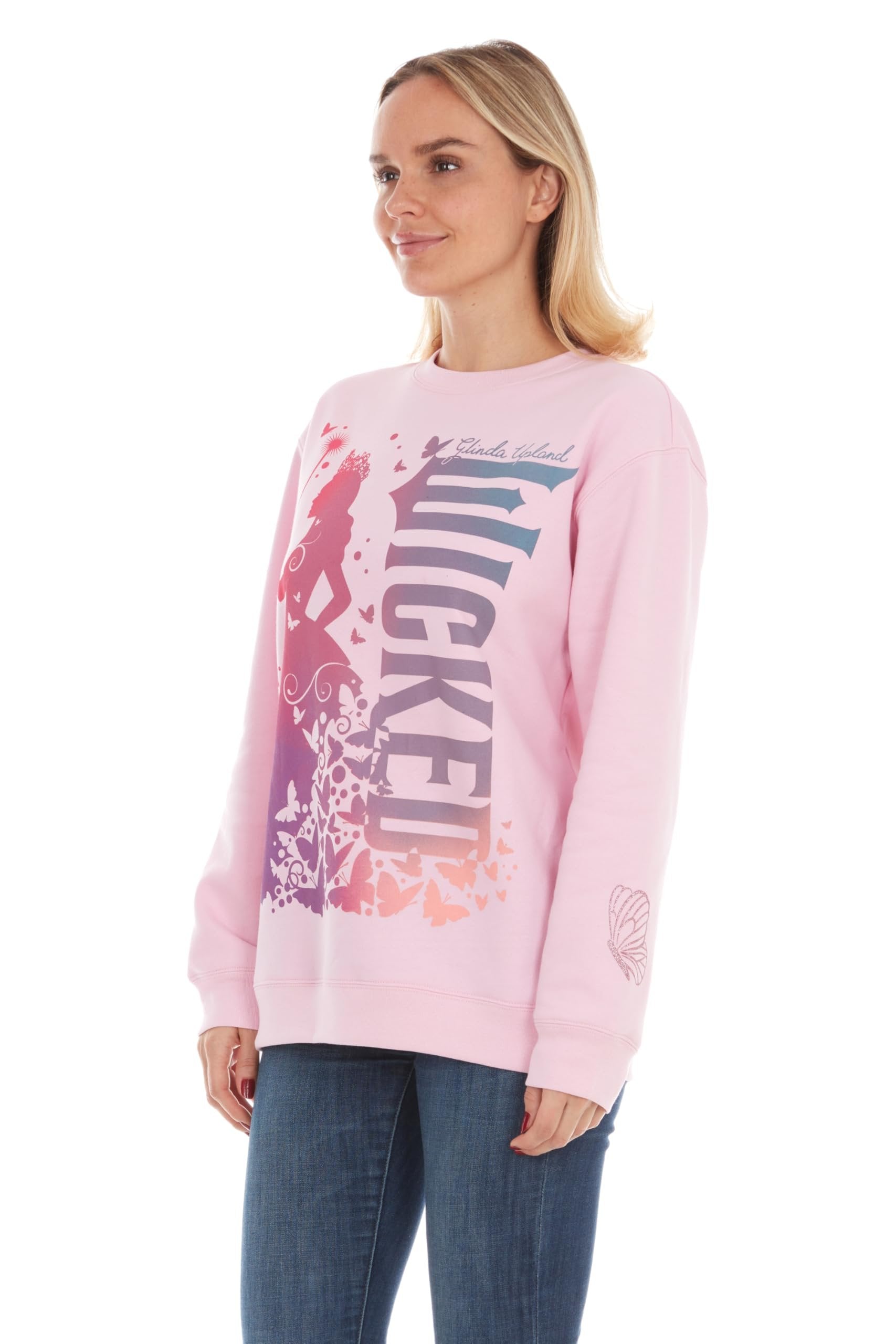 Wicked womens Wicked Glinda Women’s, Ladies & Juniors Pink Crewneck Sweatshirt With Glitter Sleeves