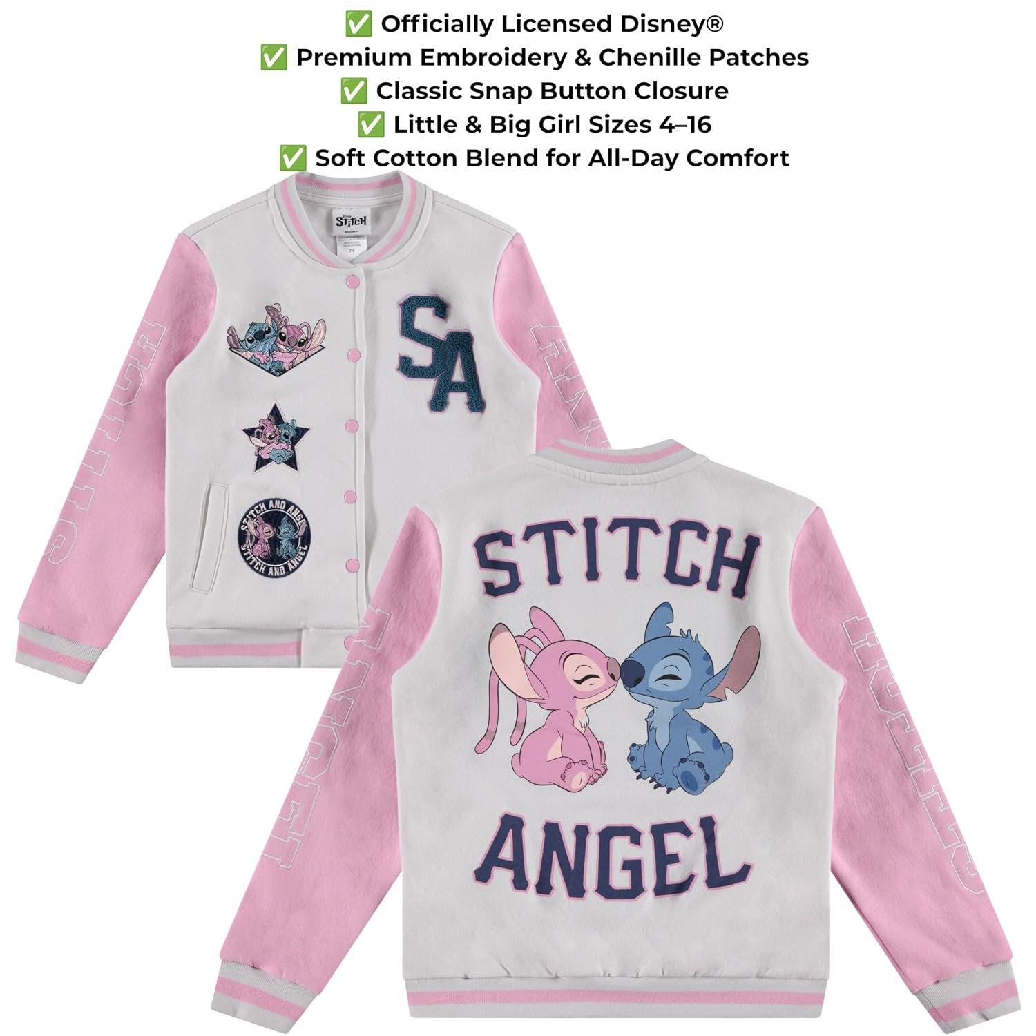 Disney Lilo,Stitch and Angel Varsity Bomber Jacket - Little and Big Girl Sizes 4-16