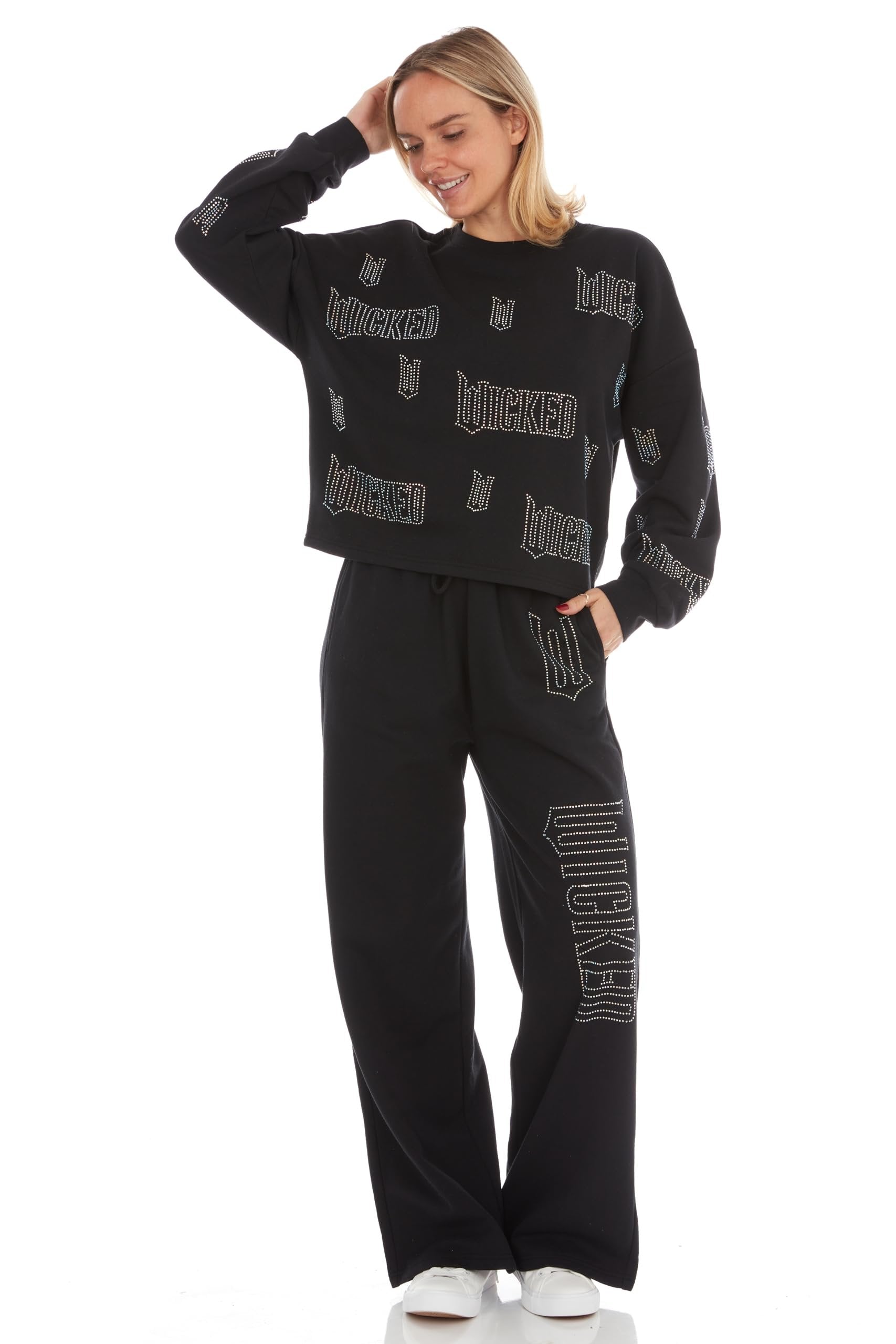 Wicked womens Wicked Women’s, Ladies & Juniors Black 2-piece Cropped Sweatshirt & Wide-leg Jogger Set With Iridescent RhinestonesSweatshirt & Pant Set