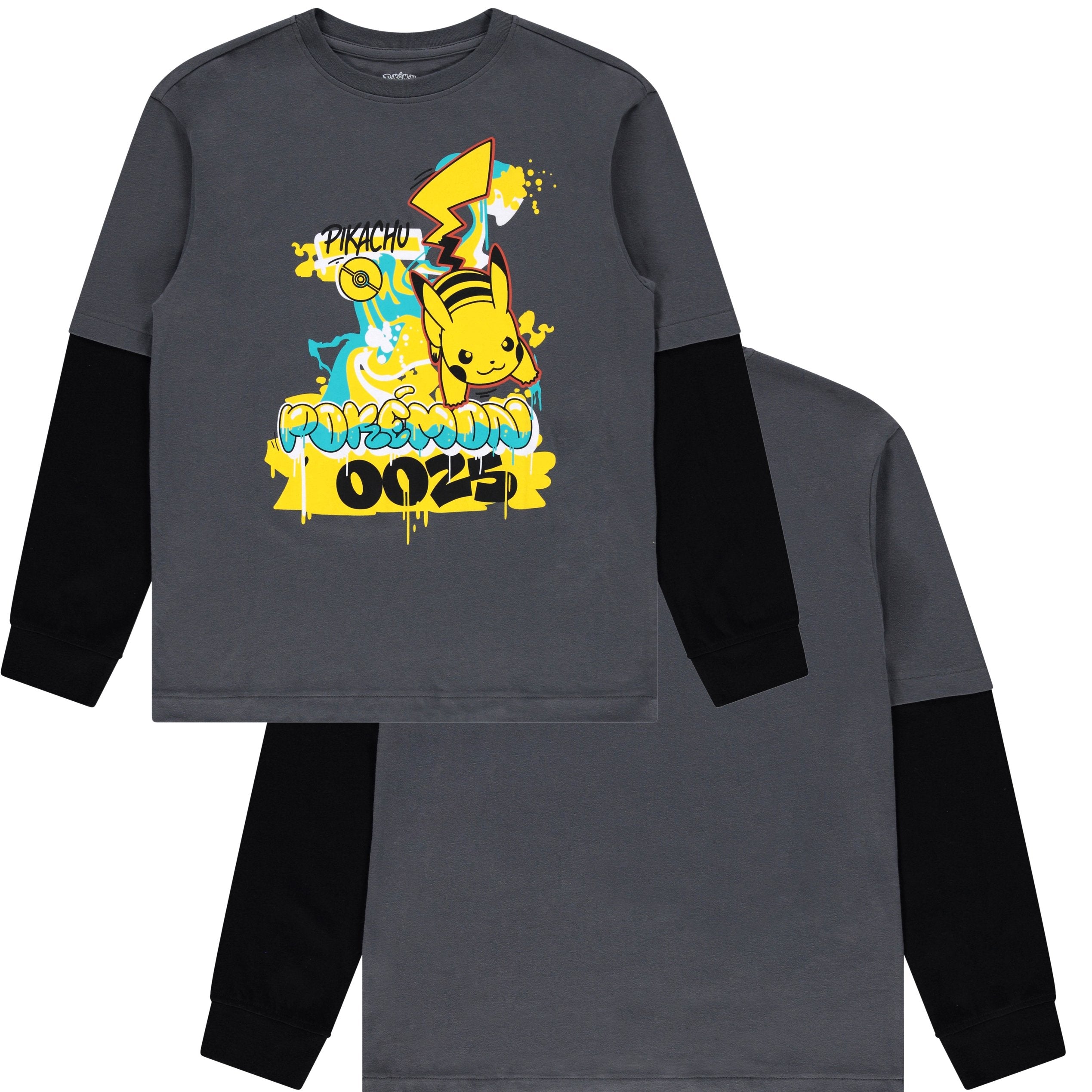 Pokémon Pikachu Boys’ Long Sleeve Twofer T-Shirt – Graffiti Everywhere Graphic Tee, Sizes XS–XL
