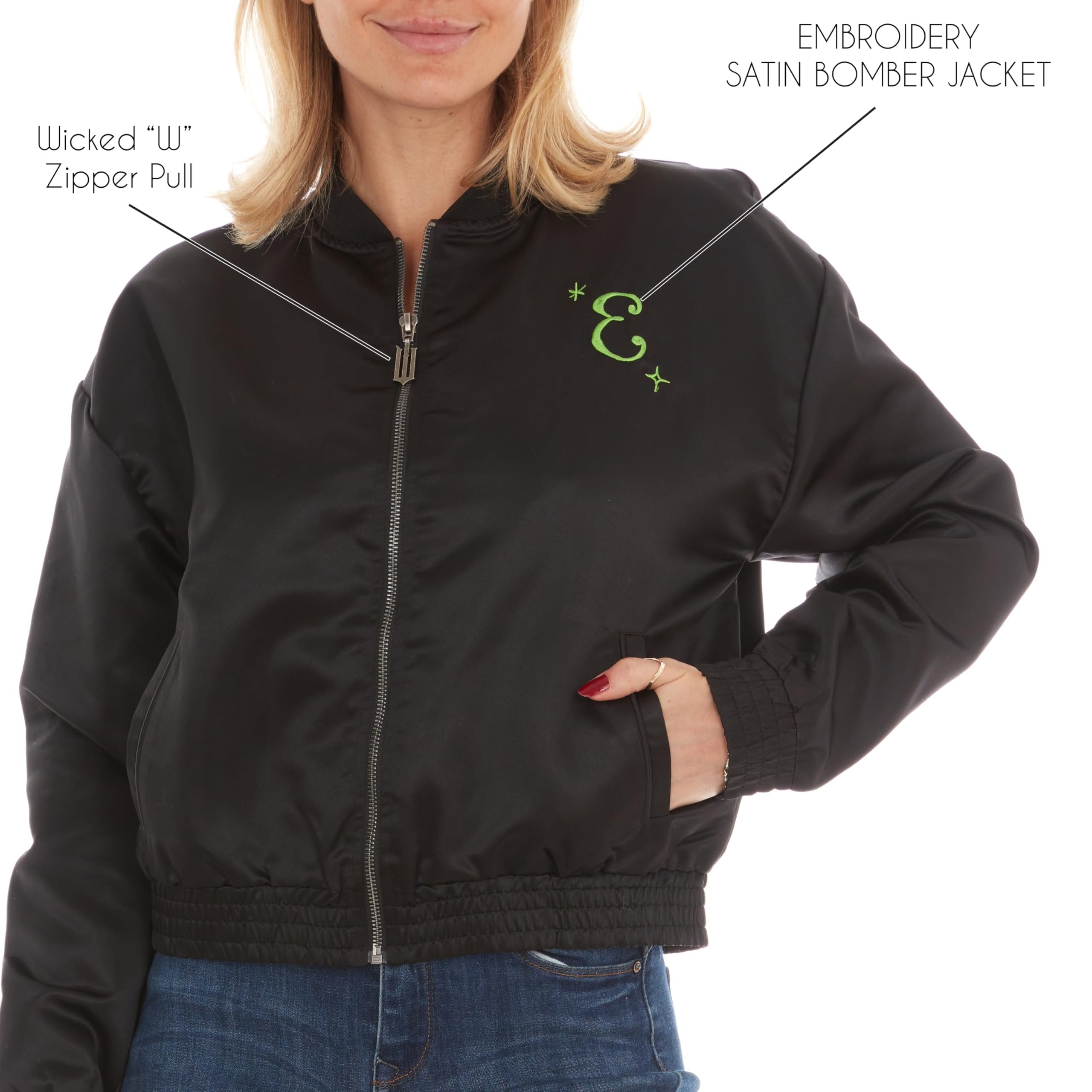 wicked Elphaba Women’s, Ladies & Juniors Satin Bomber Jacket with Embroidery & Metallic Foil Back Graphic