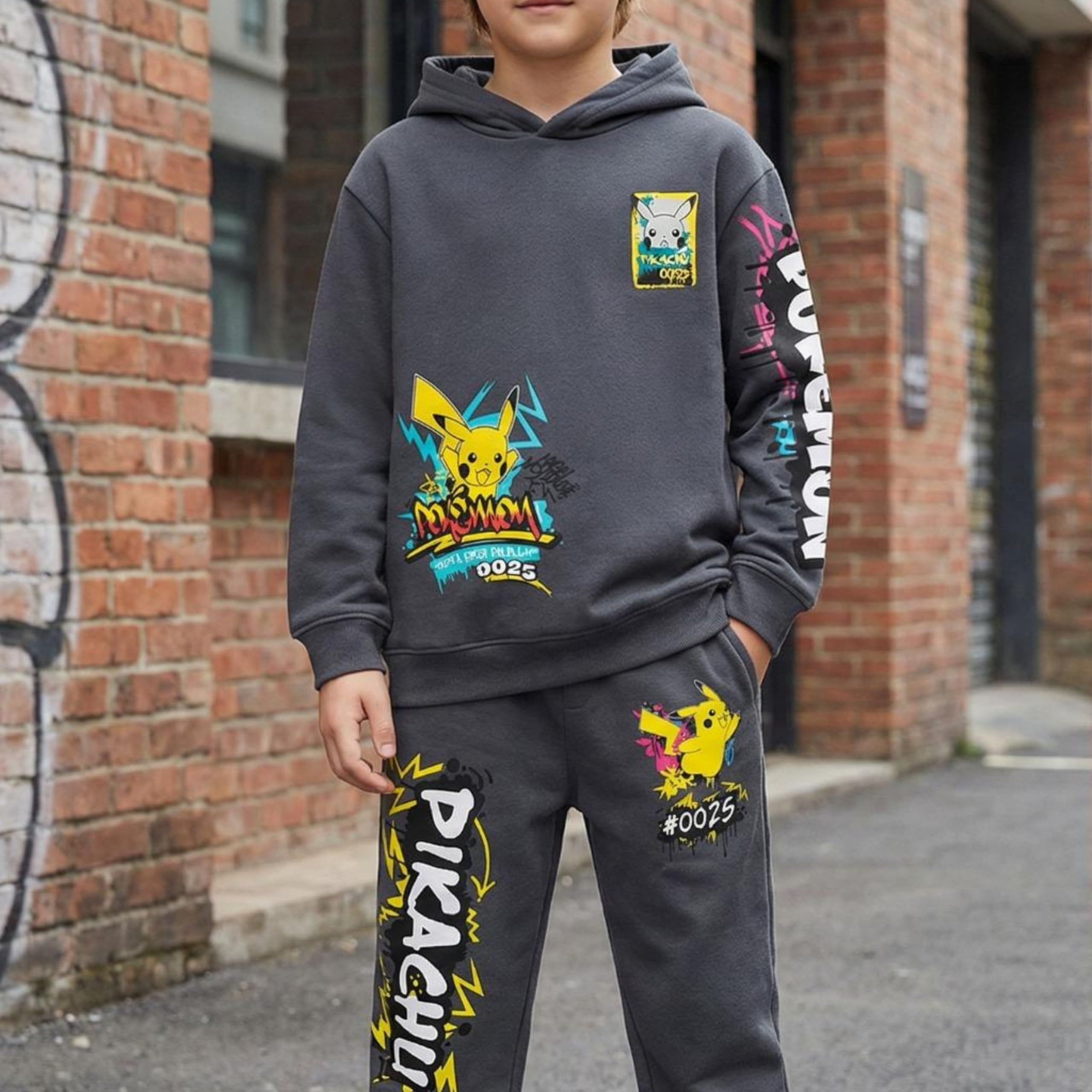 Mad Engine Pokémon Pikachu Boys’ Hoodie and Jogger Set – Graffiti Graphic 2-Piece Outfit, Sizes XS–XL
