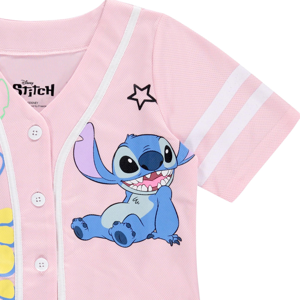 Disney Girls Baseball Jersey T-Shirt with Lilo & Stitch and Mickey Mouse- Girls Sizes 4-16 Hot Pink