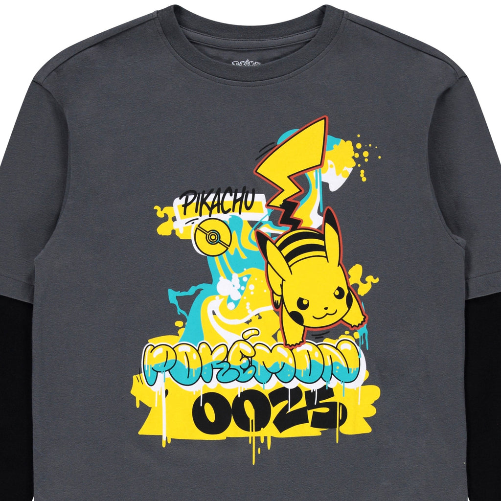 Pokémon Pikachu Boys’ Long Sleeve Twofer T-Shirt – Graffiti Everywhere Graphic Tee, Sizes XS–XL