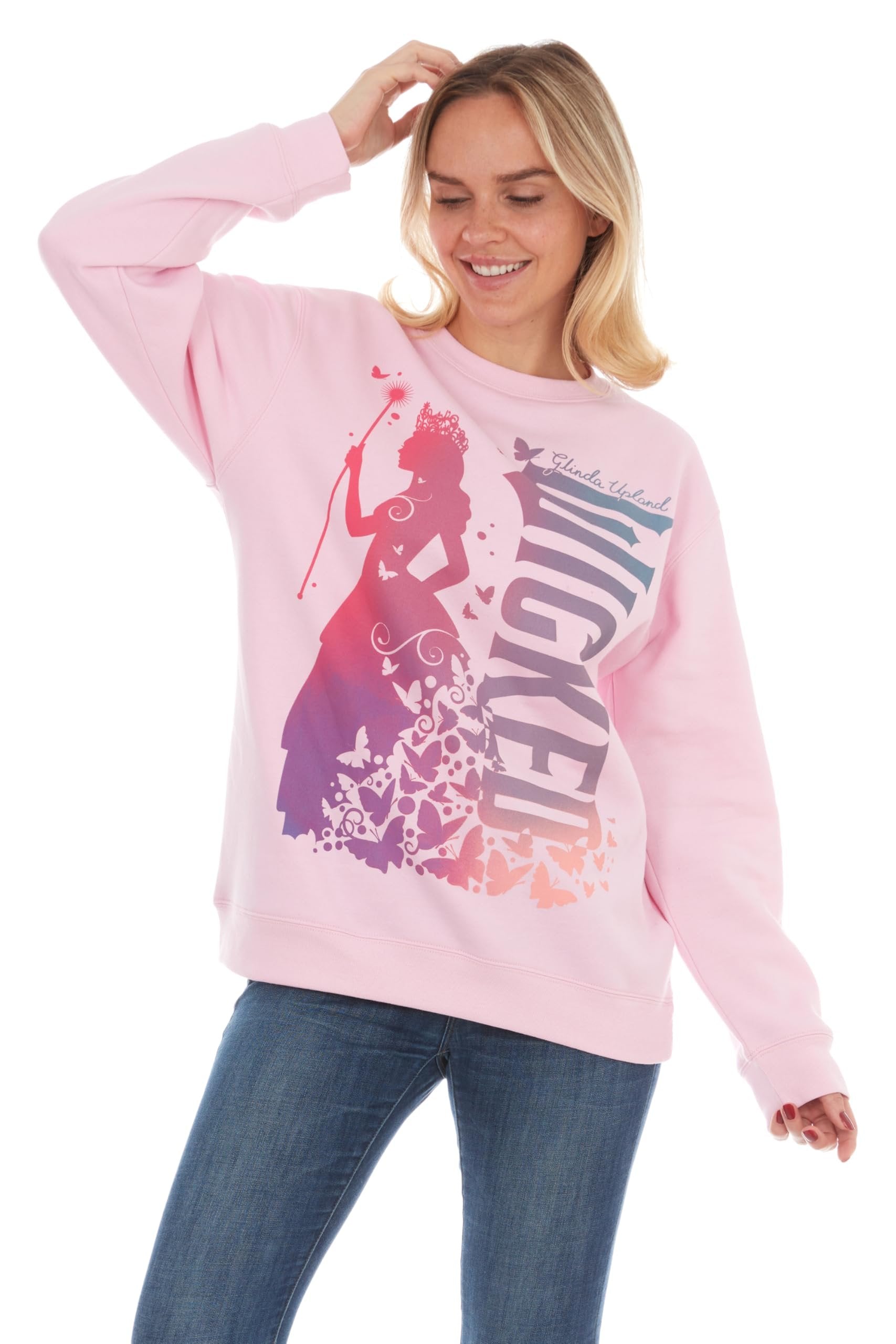 Wicked womens Wicked Glinda Women’s, Ladies & Juniors Pink Crewneck Sweatshirt With Glitter Sleeves