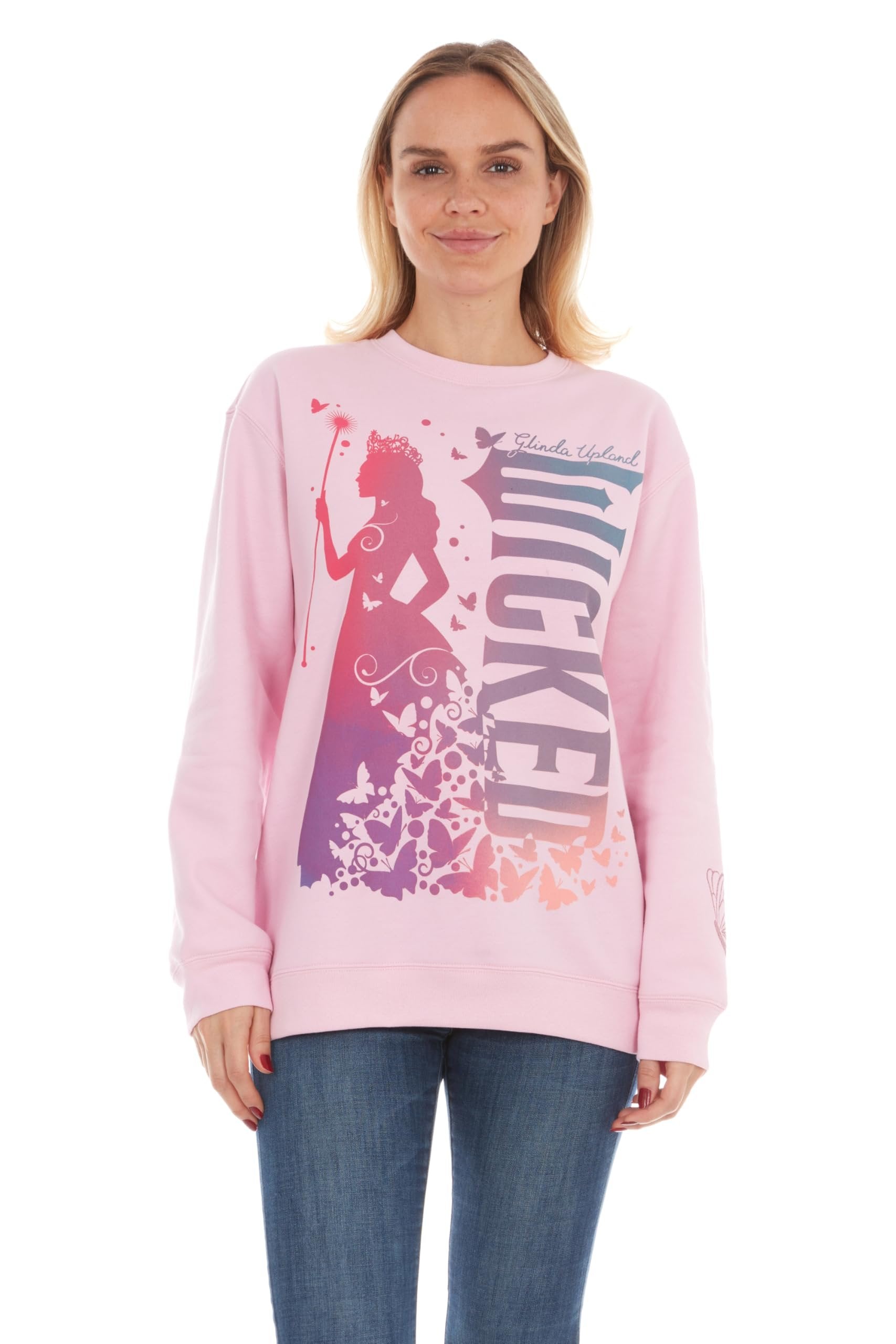 Wicked womens Wicked Glinda Women’s, Ladies & Juniors Pink Crewneck Sweatshirt With Glitter Sleeves