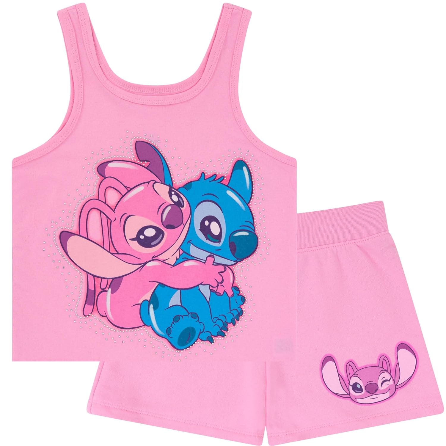 Disney Lilo & Stitch Girls 2 Piece Tank Top and Shorts Set – Gradient Rhinestone Graphic Summer Outfit