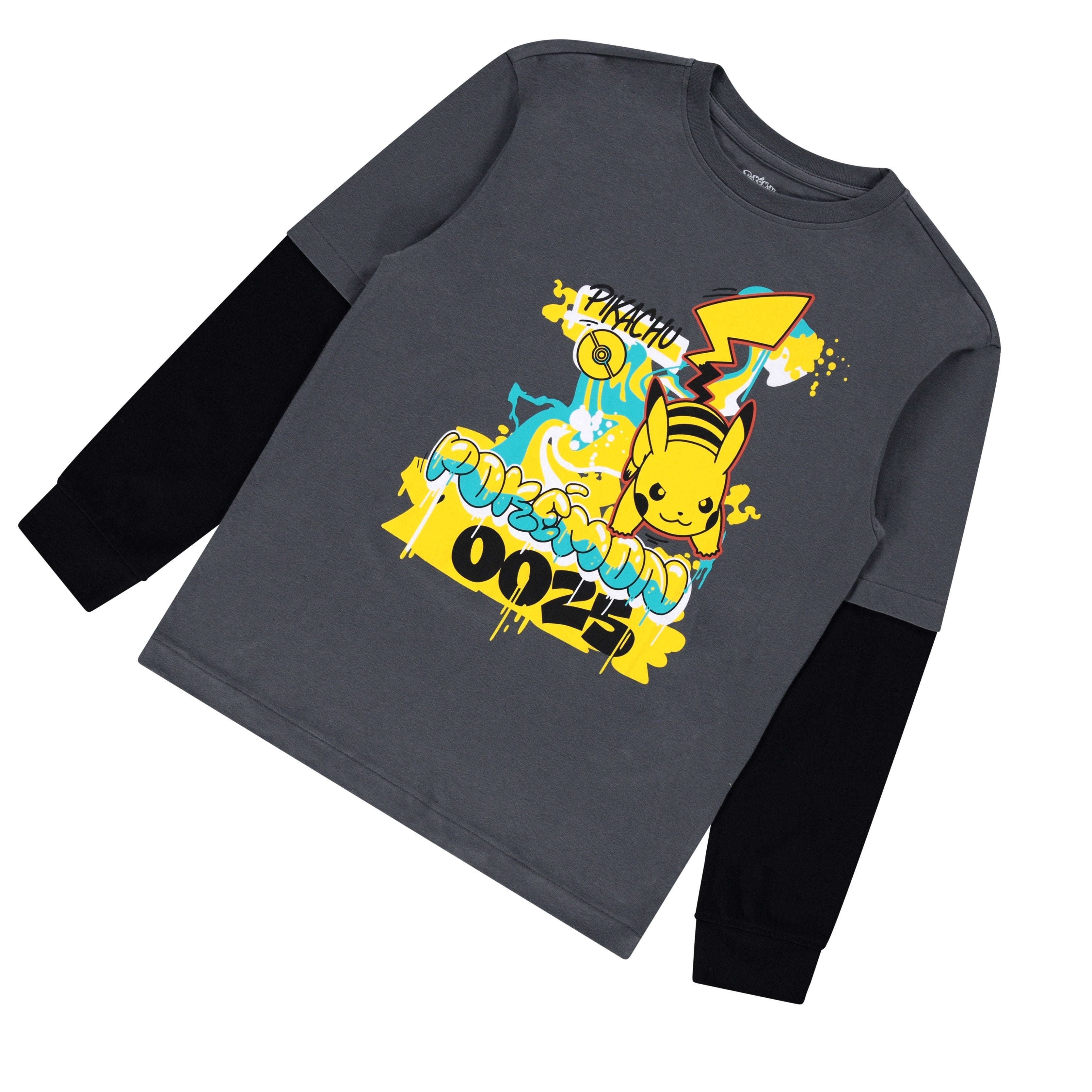 Pokémon Pikachu Boys’ Long Sleeve Twofer T-Shirt – Graffiti Everywhere Graphic Tee, Sizes XS–XL
