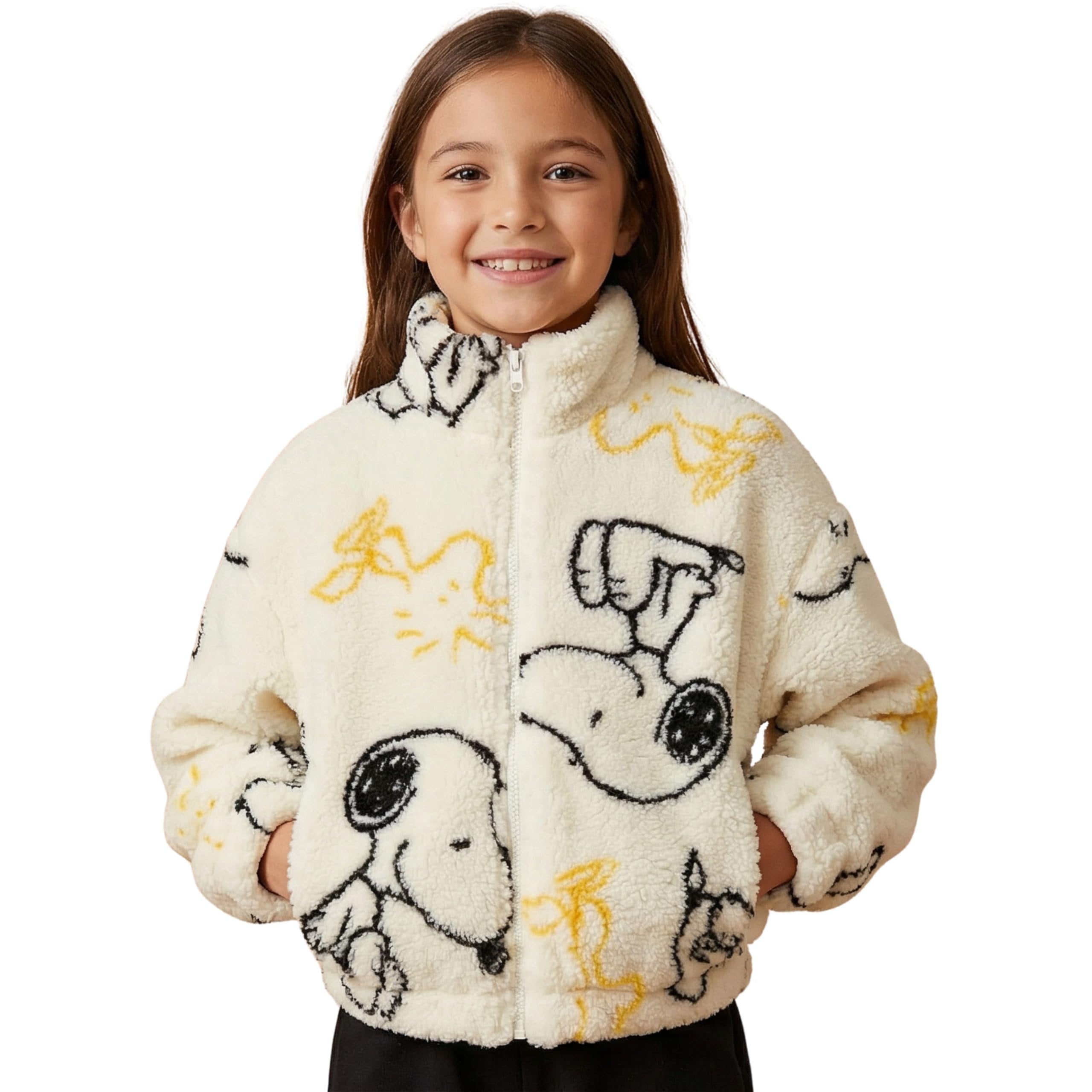 Peanuts Snoopy Sherpa Coat Jacket, Fleece Mock Neck Full Zip Coat for Little and Big Girls 4-10