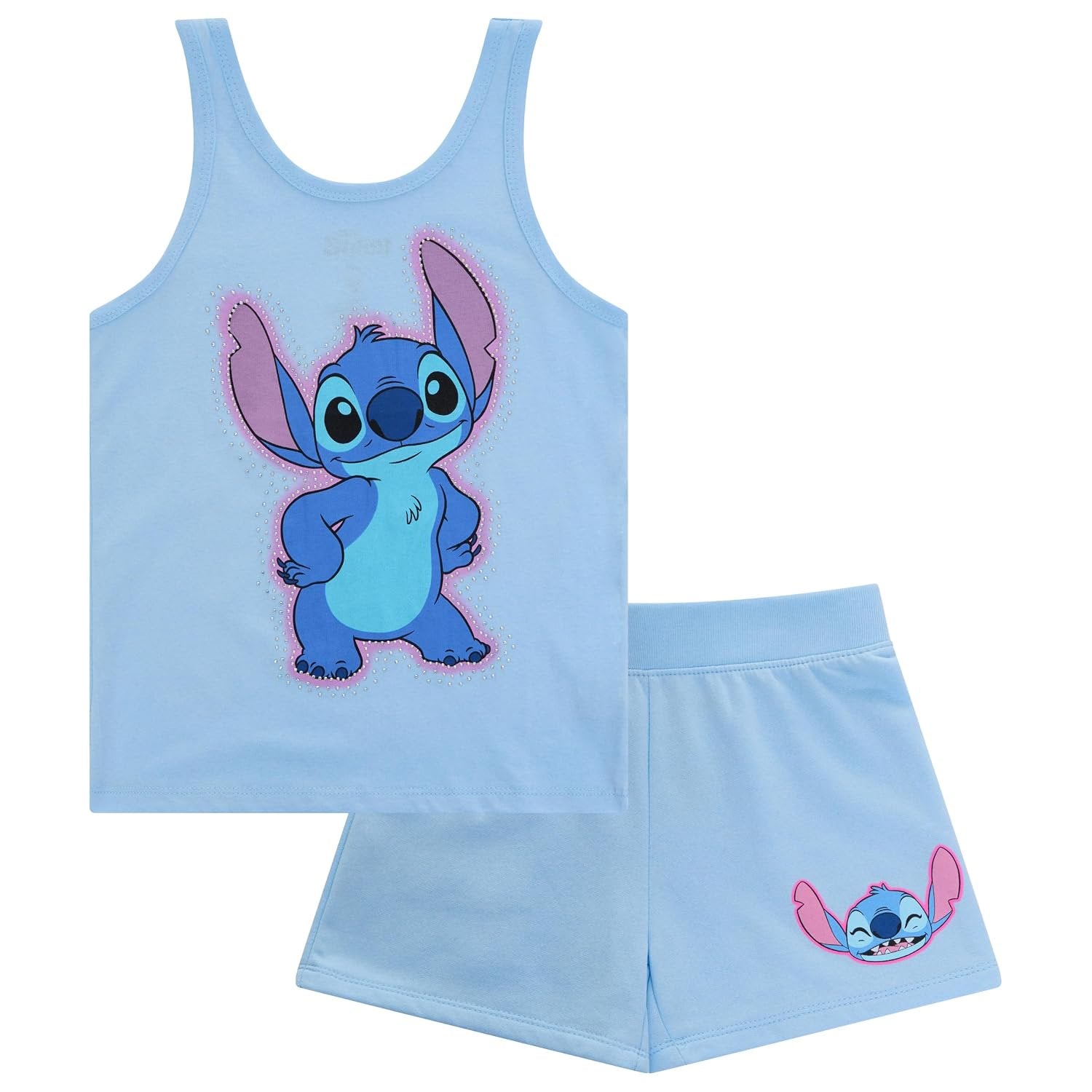 Disney Lilo & Stitch Girls 2 Piece Tank Top and Shorts Set – Gradient Rhinestone Graphic Summer Outfit