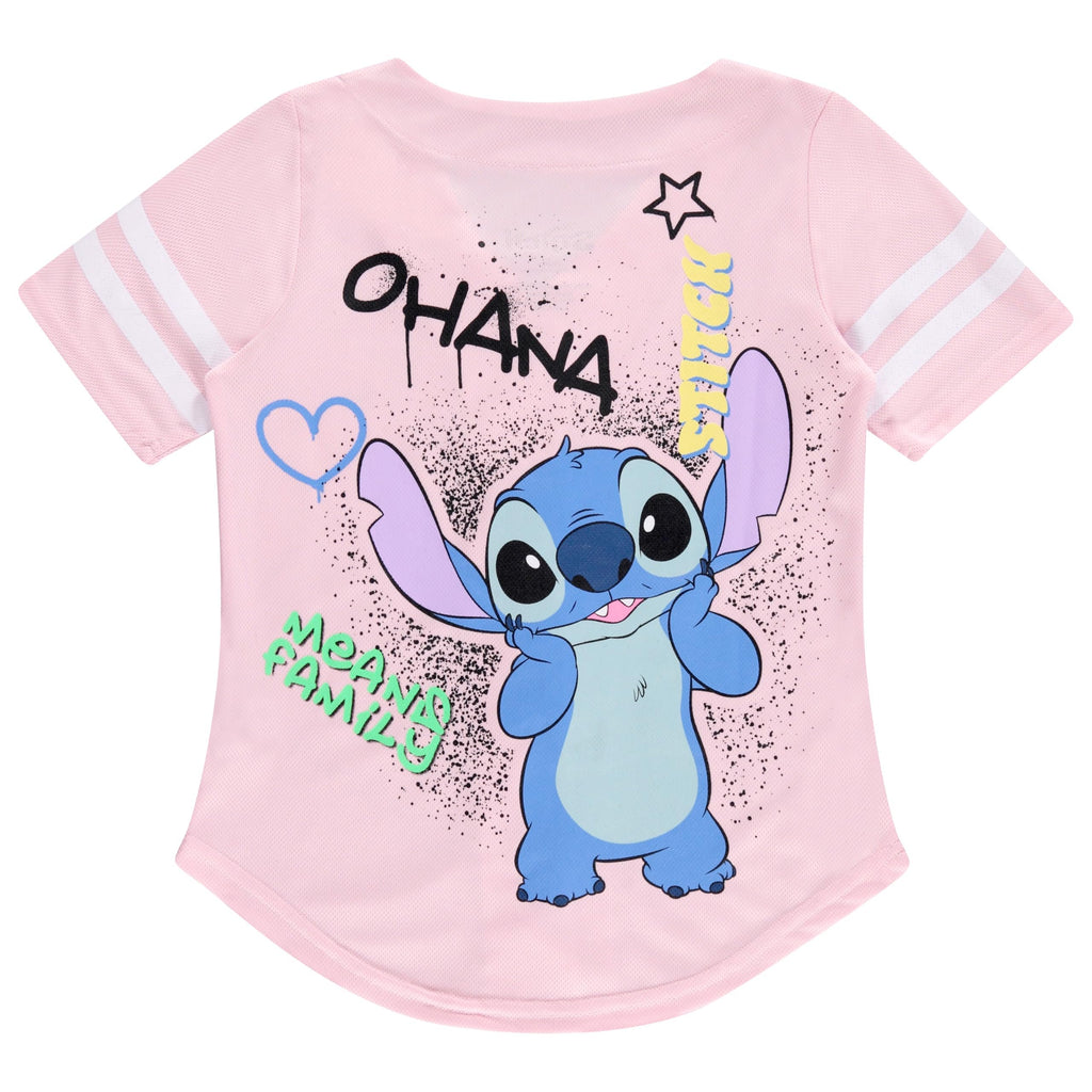 Disney Girls Baseball Jersey T-Shirt with Lilo & Stitch and Mickey Mouse- Girls Sizes 4-16 Hot Pink