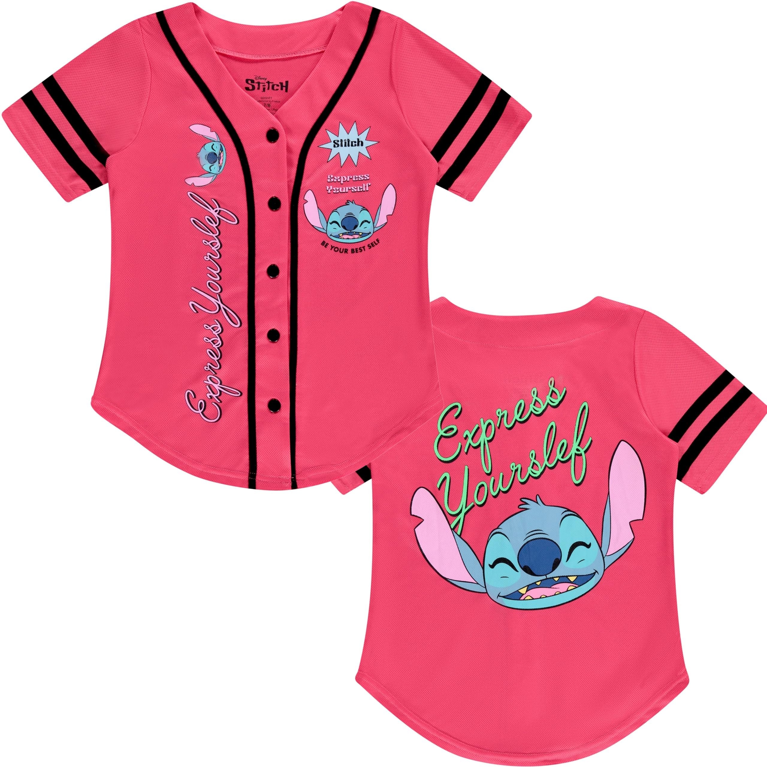 Disney Girls Baseball Jersey T-Shirt with Lilo & Stitch and Mickey Mouse- Girls Sizes 4-16 Hot Pink