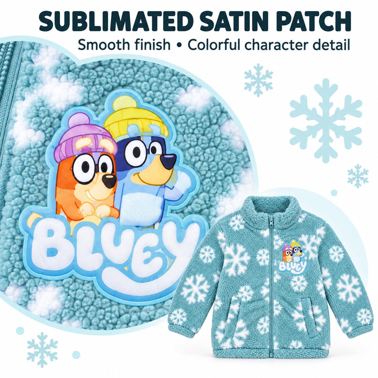 Bluey Toddler Sherpa Full-Zip Jacket, Snowflake Print, Light Aqua