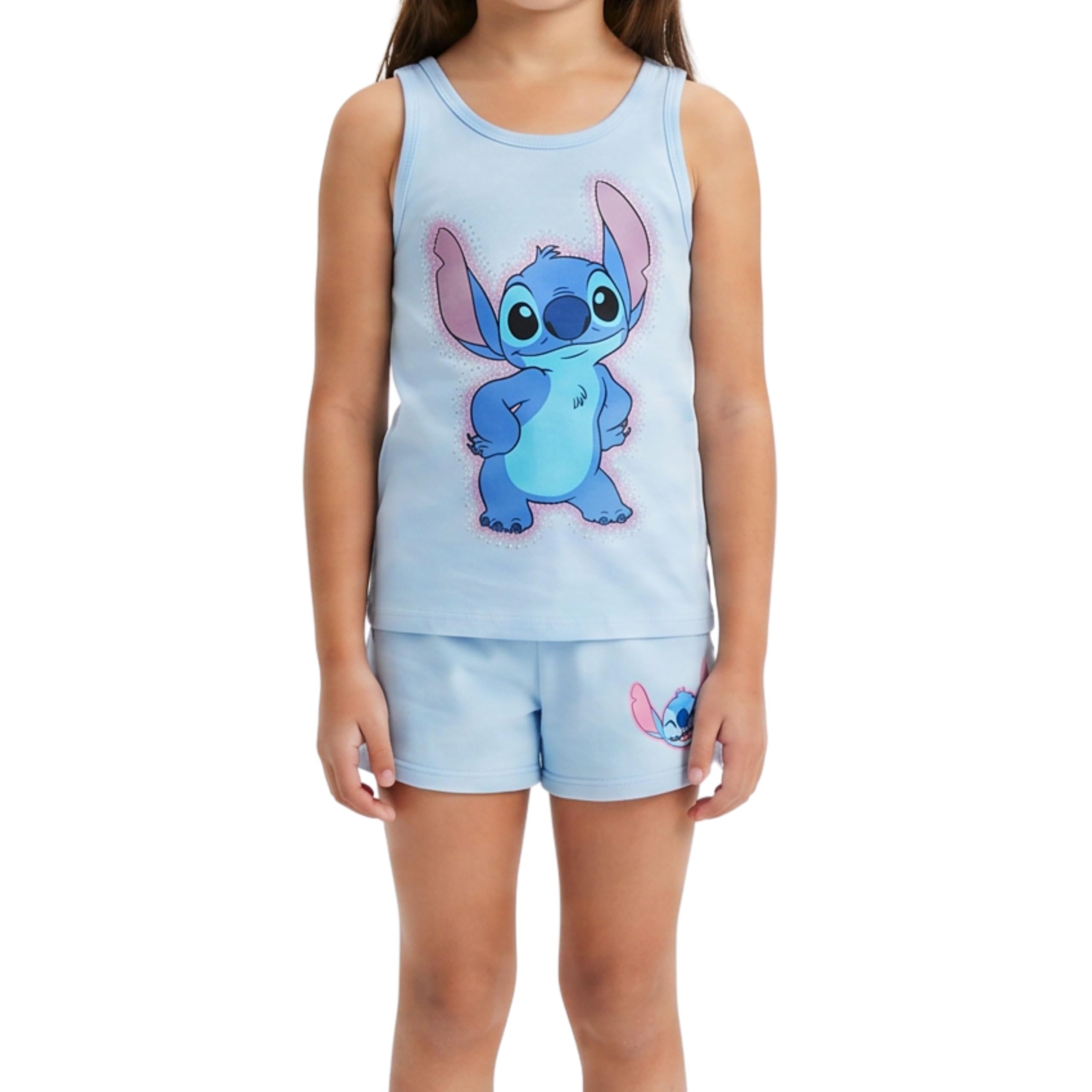 Disney Lilo & Stitch Girls 2 Piece Tank Top and Shorts Set – Gradient Rhinestone Graphic Summer Outfit