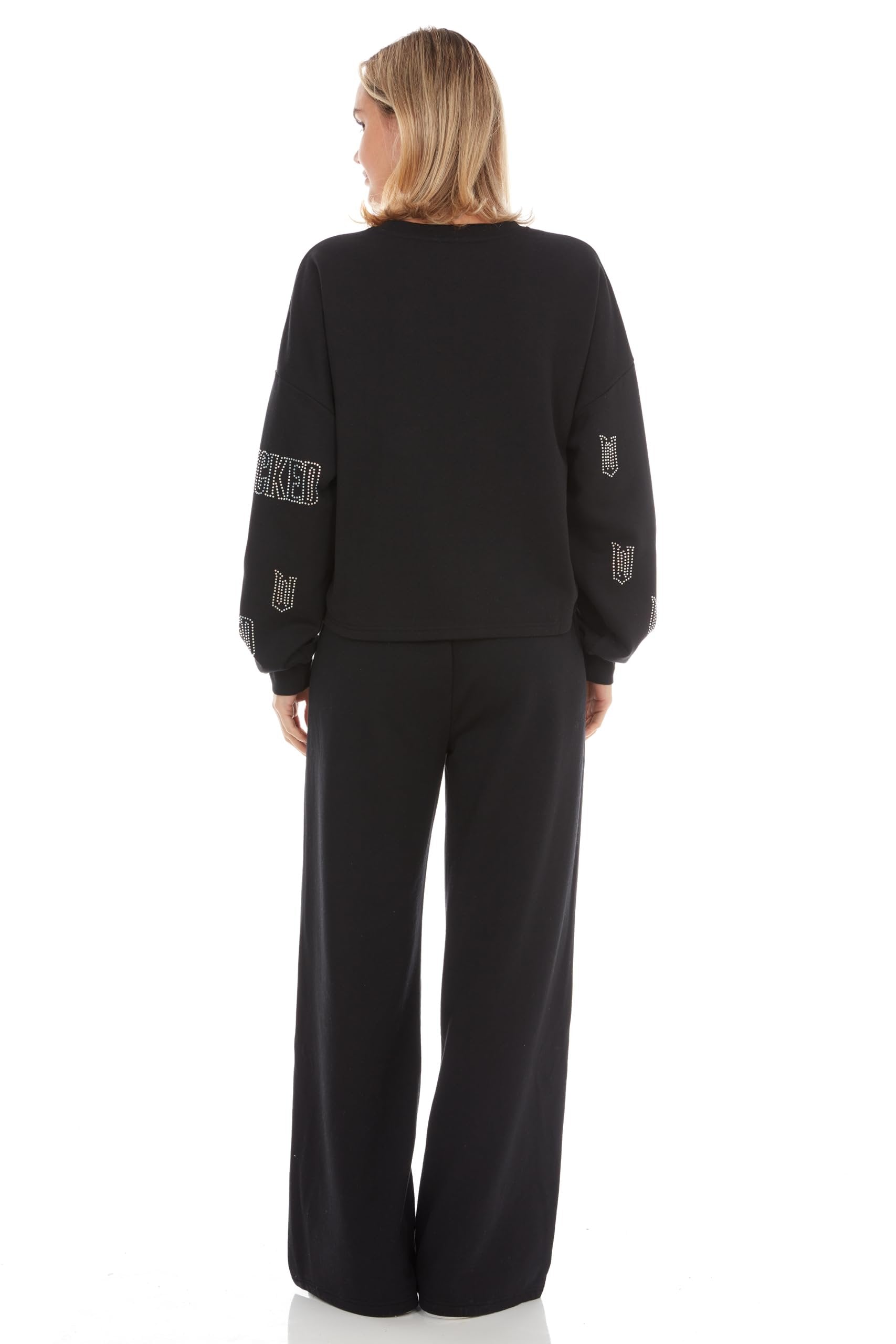 Wicked womens Wicked Women’s, Ladies & Juniors Black 2-piece Cropped Sweatshirt & Wide-leg Jogger Set With Iridescent RhinestonesSweatshirt & Pant Set