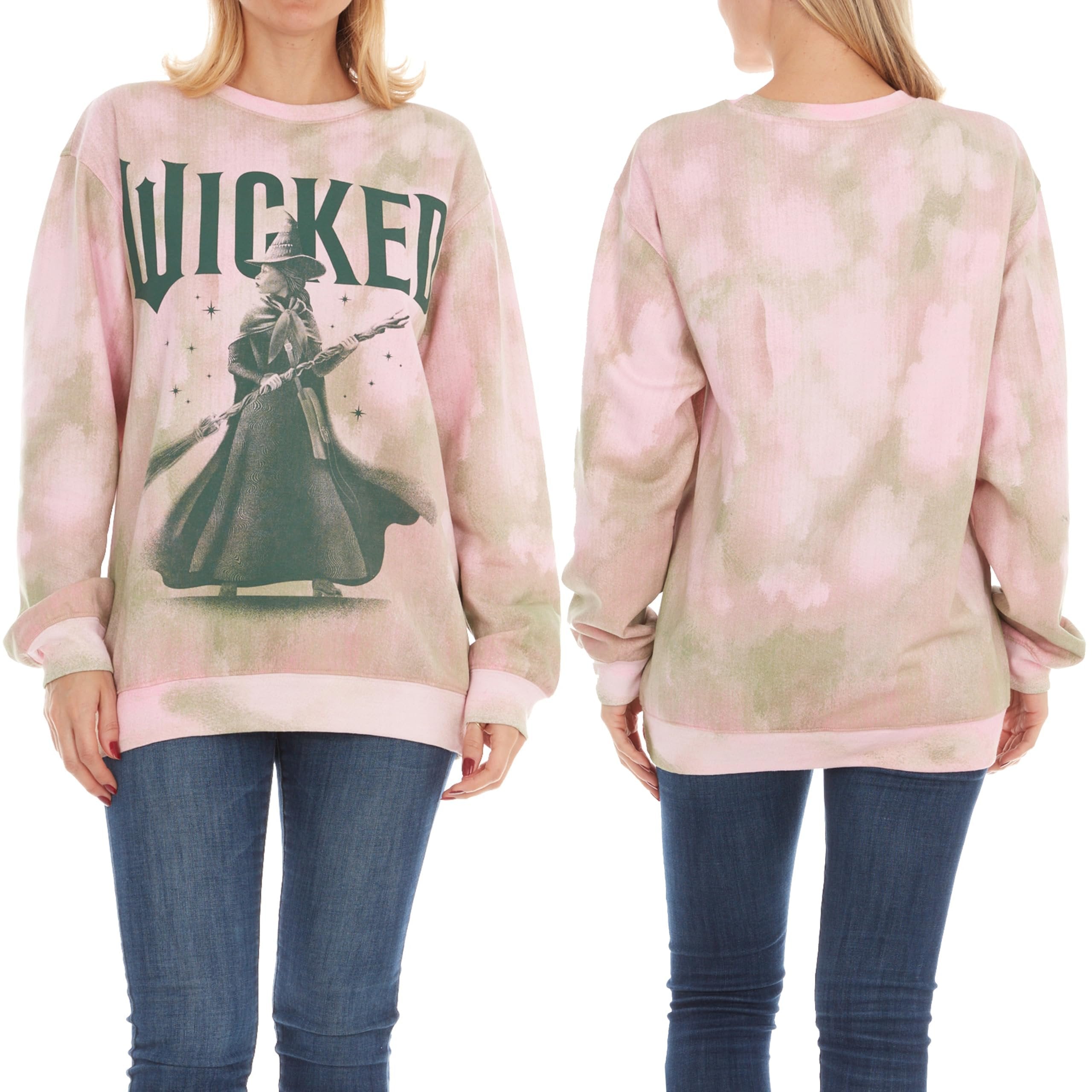 Wicked womens Wicked Elphaba Women’s, Ladies & Juniors Printed Wash Crewneck Sweatshirt