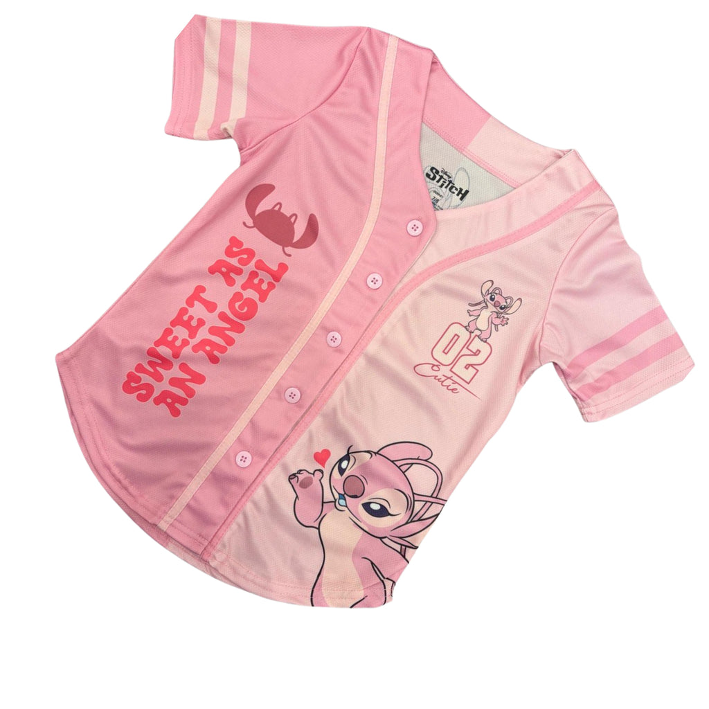 Disney Girls Baseball Jersey T-Shirt with Lilo & Stitch and Mickey Mouse- Girls Sizes 4-16 Hot Pink