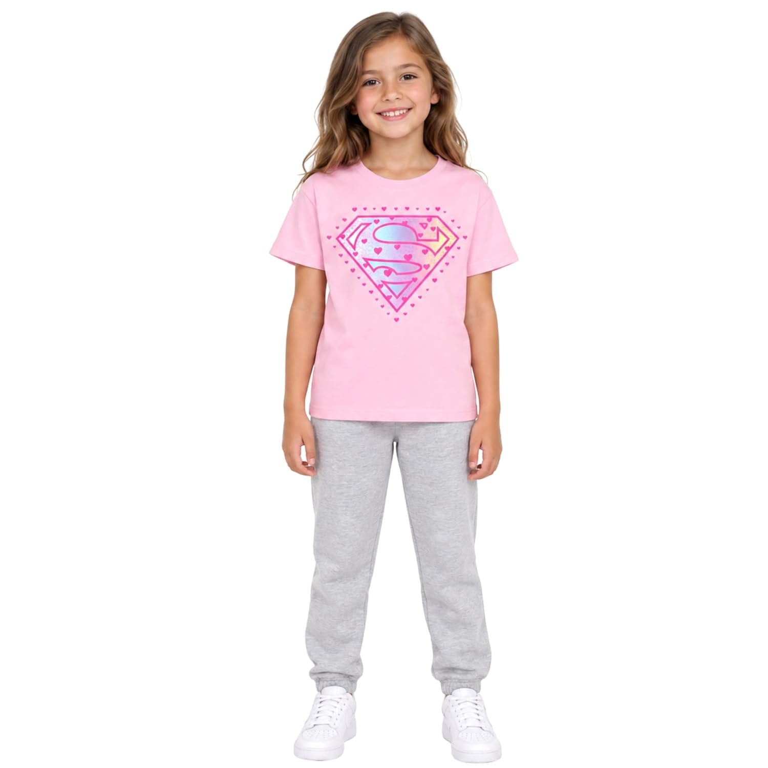Supergirl Girls Pink Heart Logo Graphic T-Shirt, Short Sleeve, Sizes 4-16